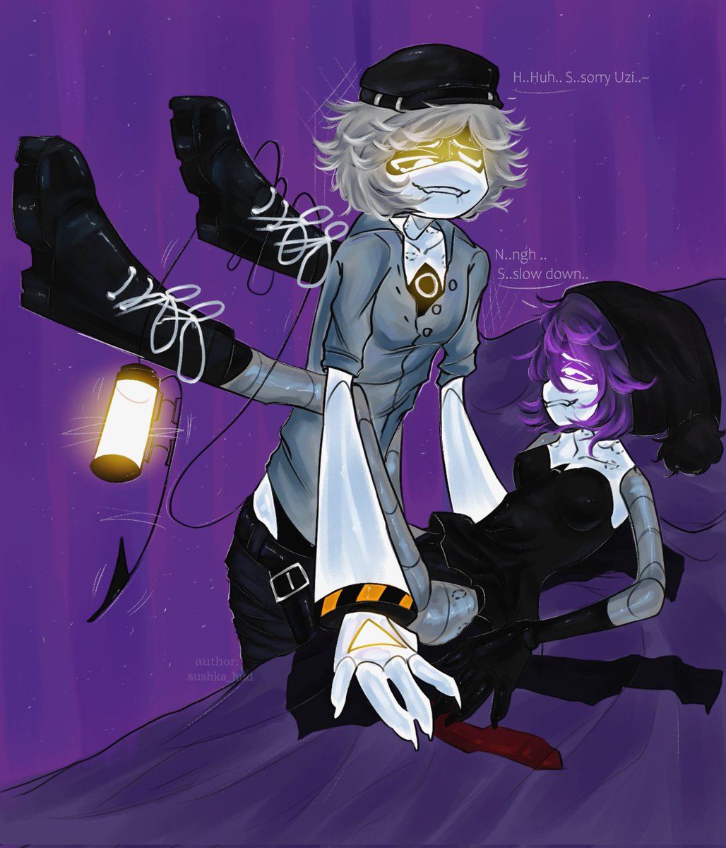 1boy, 1girls, anal sex, bed, bite mark, biting lip, black clothing, dress, grey hair, hat, male/female, murder drones, n (murder drones), purple eyes, purple hair, sex, tail, uzi (murder drones), yellow eyes