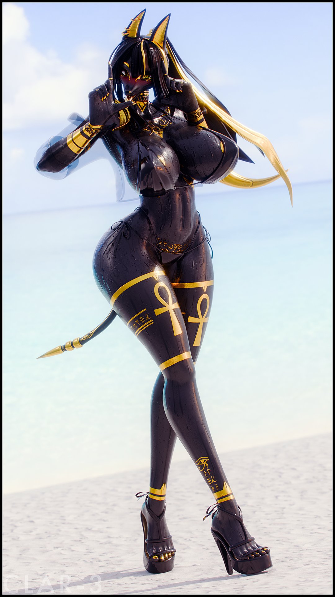 1girls 3d 3d_(artwork) 5_fingers 5_toes animal_ears ankh anthro anthro_only anubian_jackal anubis areola arm_out ass beach big_areola big_ass big_breasts big_thighs bikini black_hair black_shoes blush breasts camera_gesture clar-3 crotch_tattoo earrings ears egyptian egyptian_female eye_of_horus feet female female_anthro female_focus female_only fingers fur furry furry_female furry_only gigantic_ass gigantic_breasts gigantic_thighs gold_(metal) gold_earrings gold_ears gold_hair gold_jewelry gold_nails hair hair_streak hands high_heels hourglass_figure huge_ass huge_breasts huge_butt huge_thighs humanoid humanoid_feet jackal jackal_ears jackal_tail jewelry long_hair mostly_nude multicolored_hair nails navel nipple_slip nipples original outdoors painted_fingernails painted_nails painted_toenails platform_footwear platform_heels pointing pointy_ears pose sand sharp_fingernails shoes simple_background solo_anthro solo_female solo_focus tail thick_thighs thighs toes transparent_clothing transparent_shirt two_tone_hair water wet wet_body wet_skin wide_hips yellow_eyes yellow_sclera