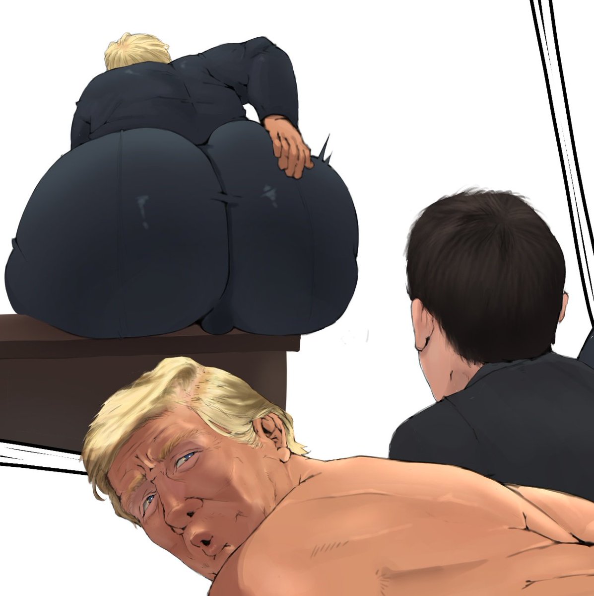 2boys bara big_lips black_hair blonde blonde_hair blue_eyes bottom_dad color comic conservative dark_hair dat_ass donald_trump elon_musk gay huge_ass huge_butt light-skinned_male male male_only orange_skin paldraws pursed_lips real_person republican simple_background slutty_daddy smug suit wig yaoi