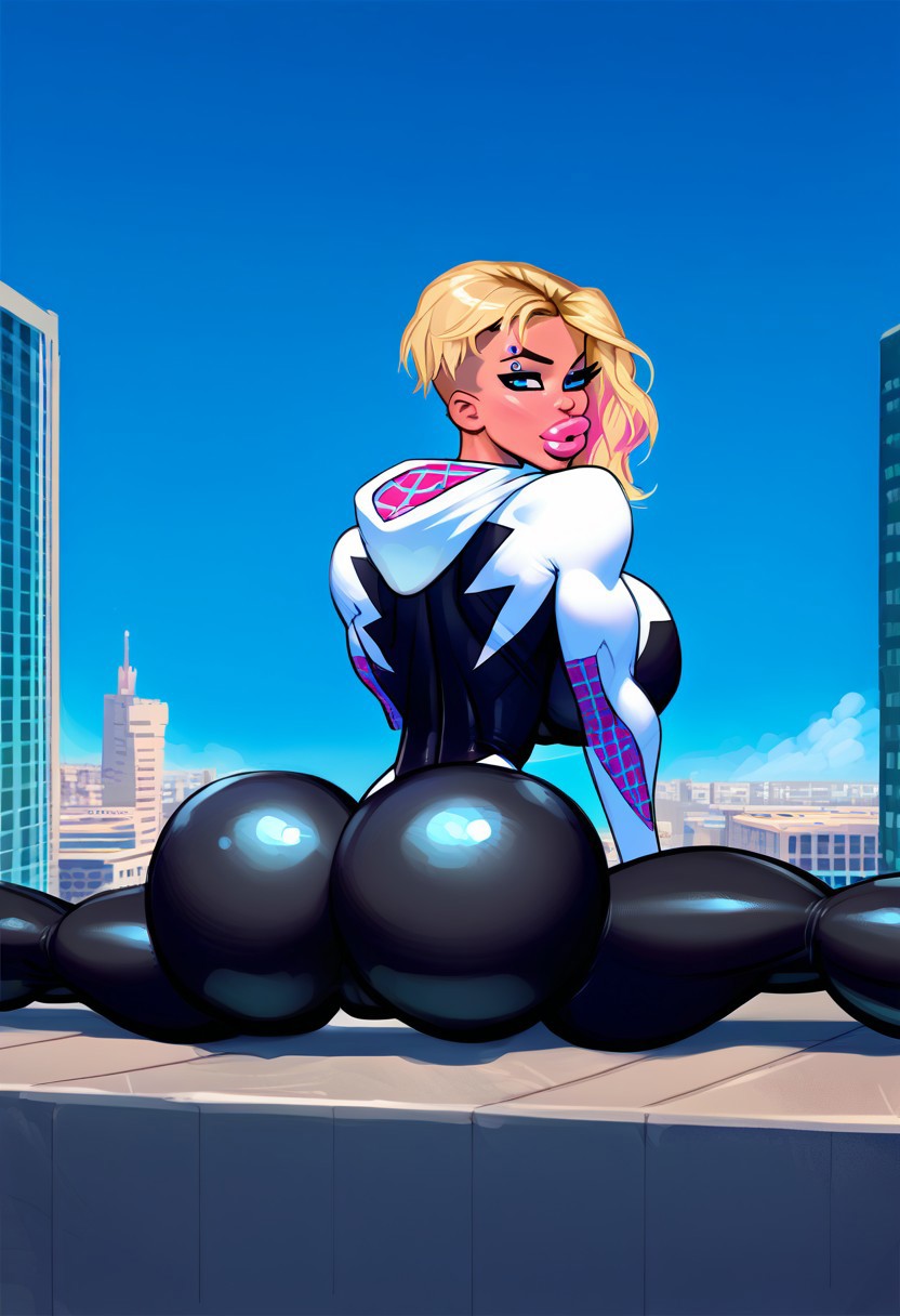 ai_generated arm_muscles bimbo blonde_female blonde_hair blue_eyes blue_sky city_background cityscape civitai gwen_stacy huge_ass huge_breasts ledge looking_at_viewer looking_back plump_lips skin_tight skin_tight_suit skyscraper small_waist spider-gwen splits