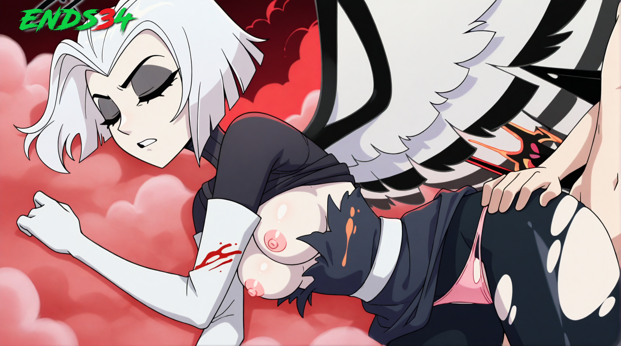 ai generated, angel, before sex, breasts, defeated, defeated heroine, ends34, female, female focus, hazbin hotel, heroine in trouble, lute (hazbin hotel), male, medium breasts, pink panties, sexy, short hair, sleeping, stockings, torn clothes, white hair