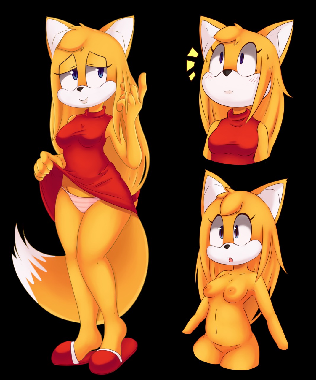 1girls blue_eyes boomerang boomerang_(tv_network) breasts breasts cartoon_network dress female fox kraycat naked nipples nude solo sonic_(series) sonic_boom sonic_the_hedgehog_(series) tail underwear yellow_fur zooey_the_fox