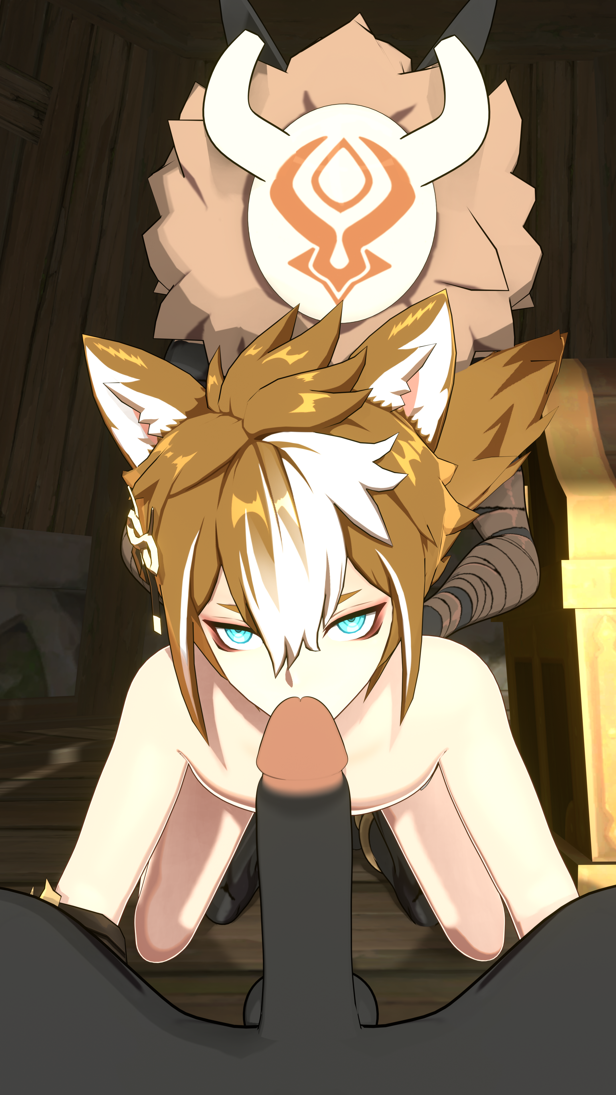 3boys, 3d, dog ears, femboy, from behind, gay, genshin impact, gorou (genshin impact), hilichurls (species), imminent oral, large penis, looking at viewer, male, male only, penis, pine nsfw, tagme, twink, yaoi