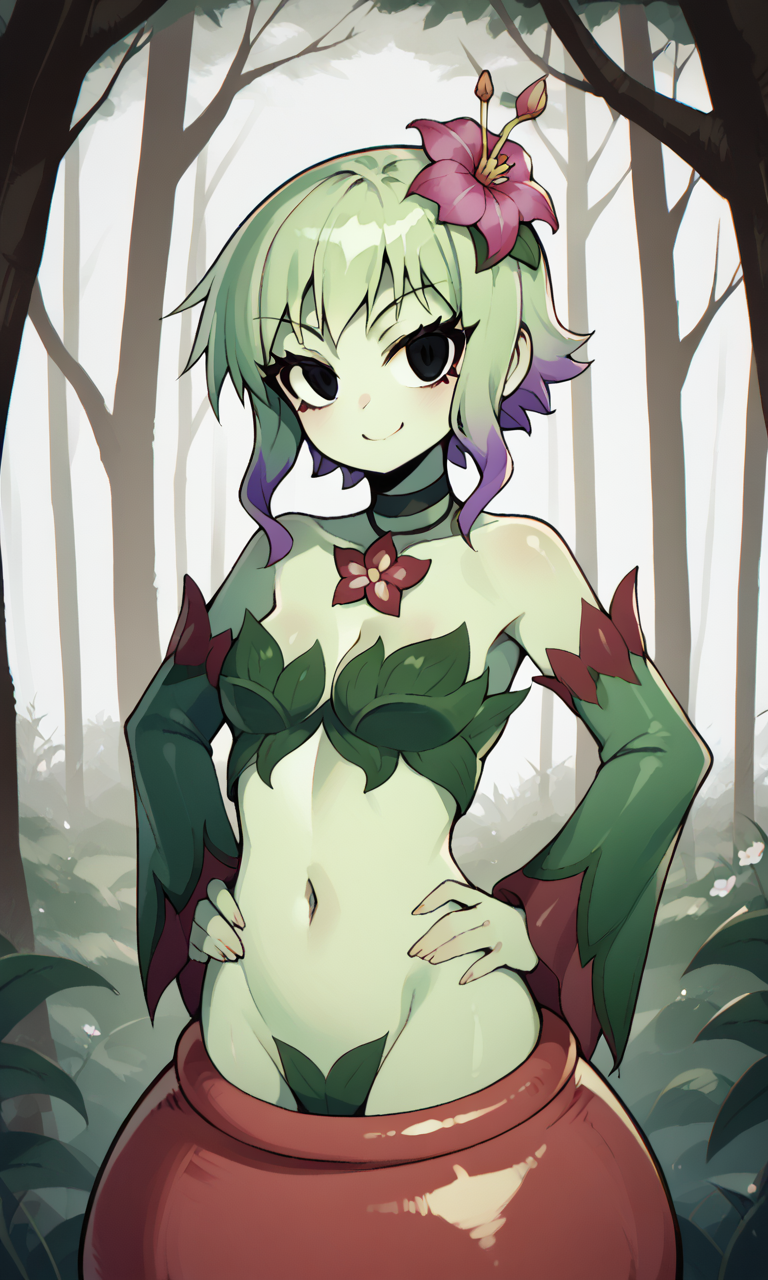 accurate_art_style ai_generated alraune bigmic145 breasts detached_sleeves female female_only flower flower_in_hair green_hair green_skin leaf leaf_clothing monster_girl navel netflix plant plant_girl plant_humanoid ramona_flowers scott_pilgrim scott_pilgrim_takes_off