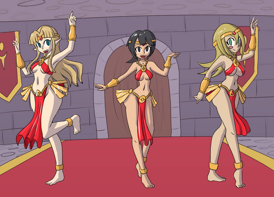 3girls a_link_between_worlds bangs barefoot bikini black_hair blonde_hair blush bocas_top dancing dark_magician_girl elf elf_ears femsub game_freak harem_girl harem_outfit jewelry looking_at_viewer multiple_girls multiple_subs mythkaz navel nintendo open_mouth open_smile pelvic_curtain pokemon pokemon_oras princess princess_zelda slave_bikini smile the_legend_of_zelda yu-gi-oh! zelda_(a_link_between_worlds) zinnia_(pokemon)