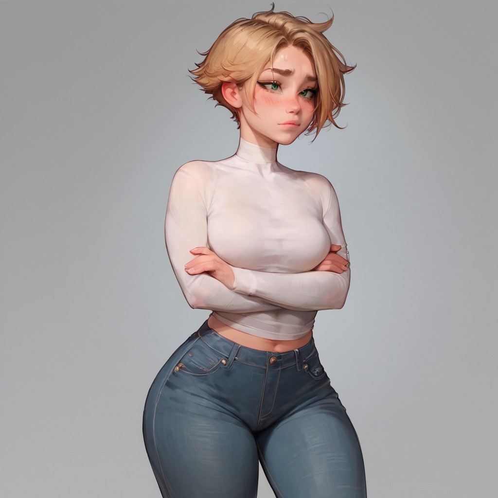 ai_generated blonde_hair choker green_eyes jeans shirt short_hair skimpy_clothes skintight_clothing small_breasts tight_jeans veve