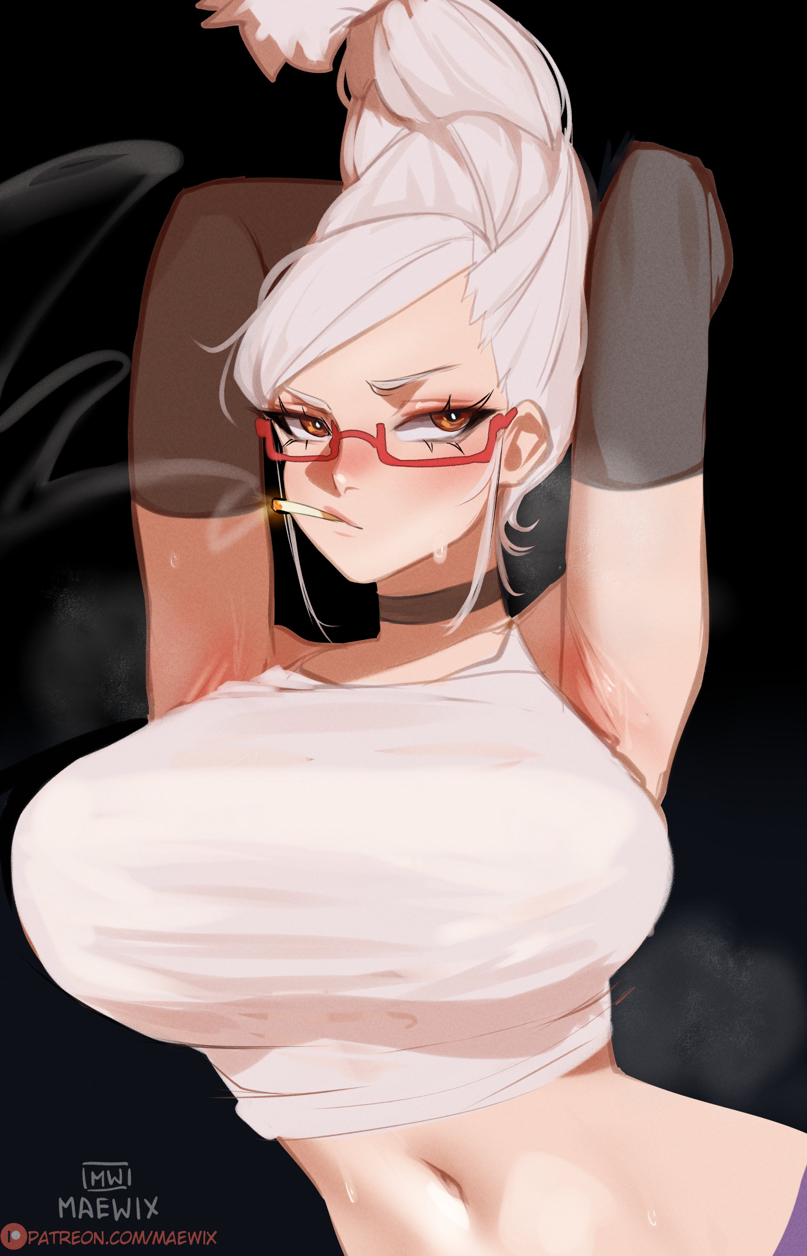 1girls, absurd res, arms behind head, armwear, ayase seiko, big breasts, blush, breasts, choker, cigarette, cigarette in mouth, dandadan, female, female only, gilf, glasses, looking at viewer, maewix1, mature female, orange eyes, solo, sweat, tank top, tied hair, white hair