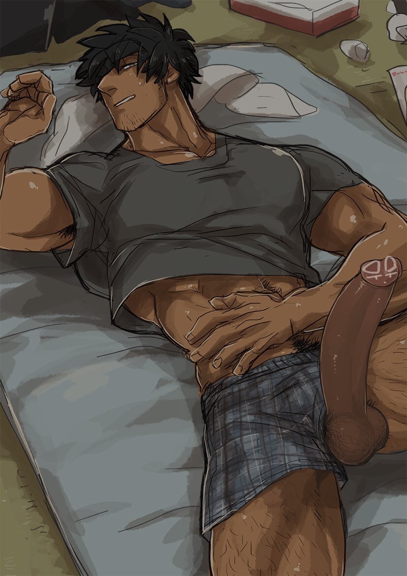 1boy, abs, balls, bara, bed, black hair, body hair, boner, erection, facial hair, looking at viewer, lying, male, male only, marototori, muscles, penis, smile, solo, testicles, tissue, underwear, yaoi