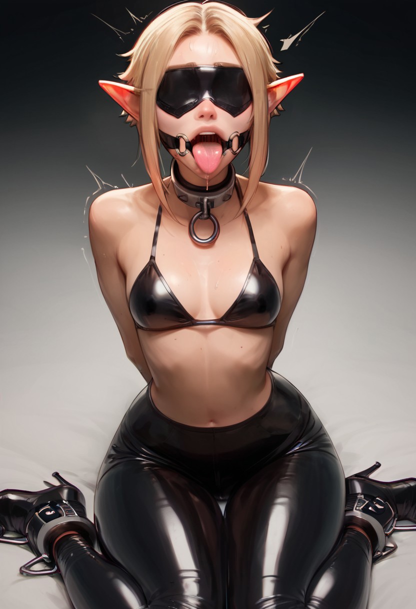 ai_generated alter_ego bikini blindfold blonde_hair bound captured collar defeated elf gagged latex_clothing open_mouth open_mouth_gag skimpy_clothes small_breasts thighhighs veve