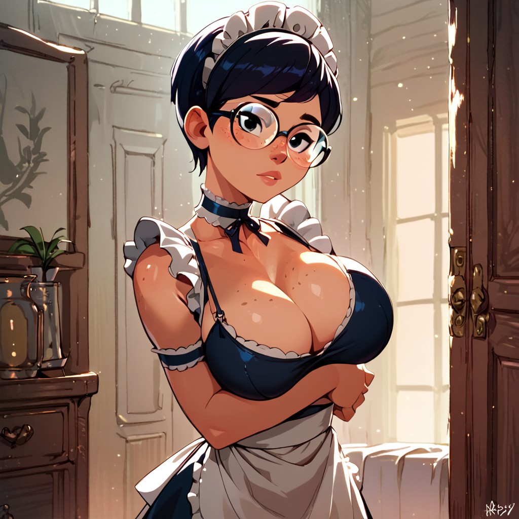 1girls ai_generated bedroom big_breasts black_bra bra breasts breasts busty busty_female carmen_sandiego_(2019) carmen_sandiego_(franchise) complex_background female female female_focus female_only glasses julia_argent julia_argent_(carmen_sandiego) large_breasts lips looking_at_viewer maid maid_apron maid_cap maid_collar maid_dress maid_hat maid_headdress maid_outfit maid_uniform short_hair solo solo_female solo_focus standing zupern0va_(manipper)