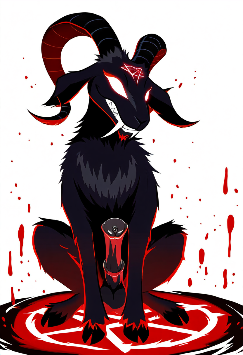 ai_generated blood cookie-girl demon demonic equine_penis fangs feral feral_only glowing_eyes goat goat_demon goat_ears goat_horns hooves red_eyes simple_background summoning_circle