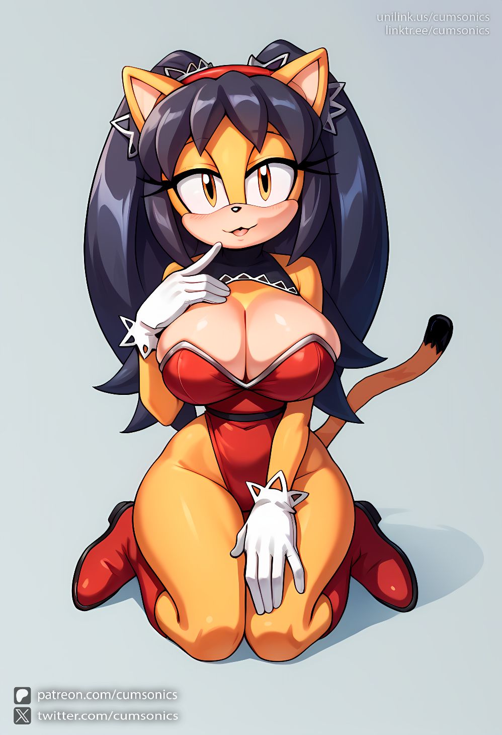 ai_generated animal_ears artist_name bare_shoulders black_hair blush breasts brown_eyes cat_ears cat_tail cumsonics eyebrows_visible_through_hair female furry furry_female glasses gloves high_heels honey_the_cat kneeling large_breasts long_hair looking_at_viewer metadata_request model_request oerba_yun_fang open_mouth original patreon_username paw_pose red_footwear signature simple_background sitting smile solo sonic_(series) tail thighs twitter_username very_long_hair watermark web_address white_gloves