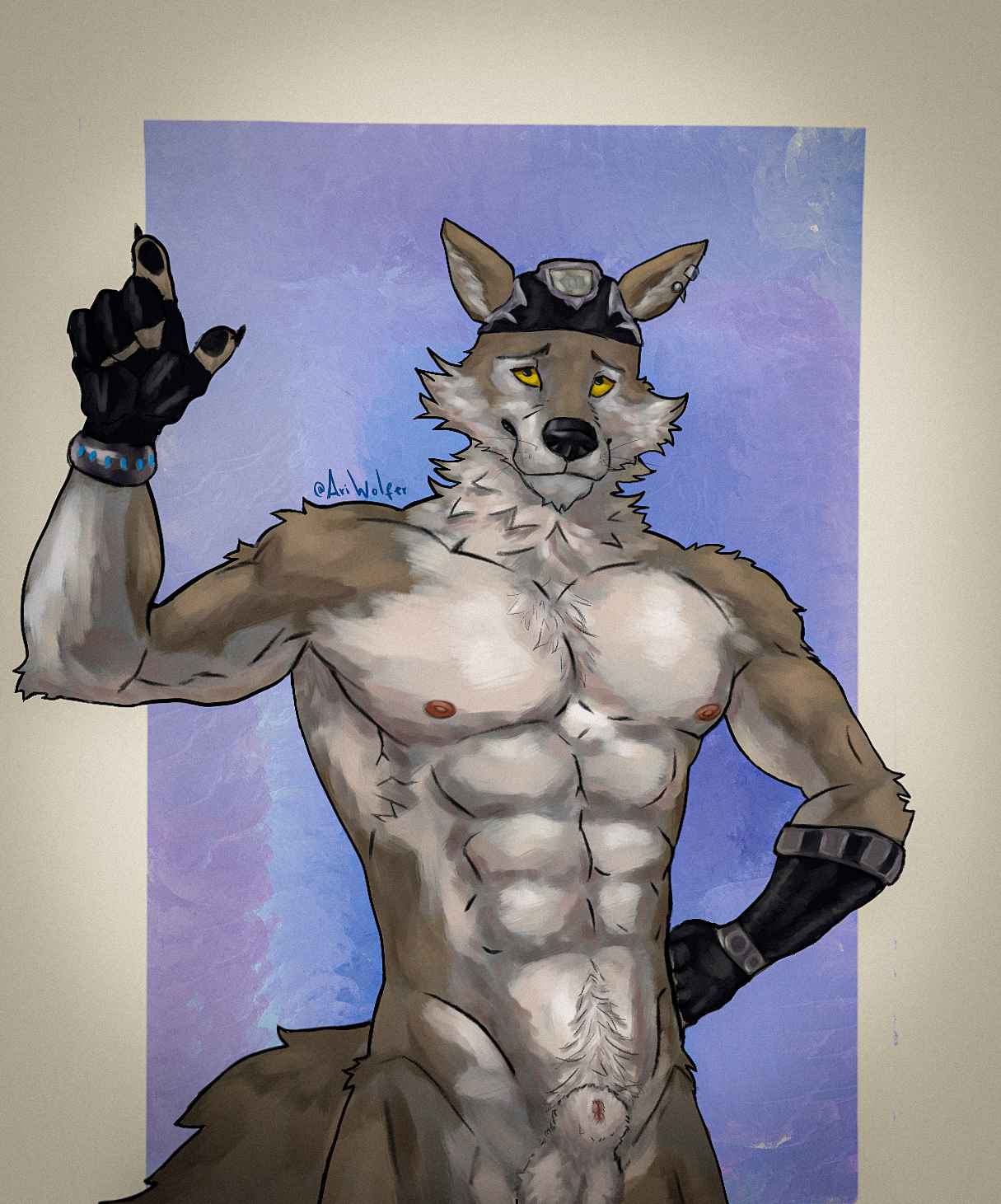 abs animal_genitalia anthro ariwolfer balls big_balls black_claws black_pawpads body_hair brown_body canid canine canis claws clothing ear_piercing ear_ring ears_up epic_games finger_claws fingers fortnite fur genitals hat headgear headwear hi_res looking_at_viewer male mammal multicolored_body multicolored_fur muscular muscular_anthro muscular_male nipples nude nude_anthro nude_male pawpads pecs piercing pink_nipples ring_piercing sheath smile solo tail tail_motion wendell_(fortnite) white_body white_fur wolf yellow_eyes