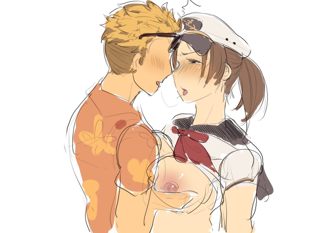 1boy 1girls beanie big_breasts breasts captain_cori_(papa_louie) chuck_(papa_louie) clothing color female flipline_studios headband kissing male milk nude papa_louie school_uniform simple_background video_game video_game_character video_game_franchise video_games yoli