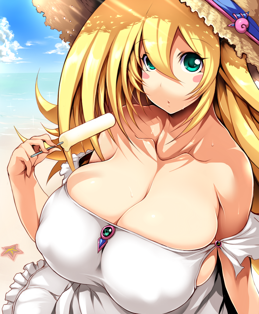 1girls, beach, blonde hair, breasts, breasts bigger than head, cleavage, dark magician girl, dress, female, female only, green eyes, hair over breasts, hat, huge breasts, ice cream, long hair, looking at viewer, magical girl, outdoors, shiny, shiny skin, shounen jump, skimpy, solo, tsukasawa takamatsu, upper body, yu-gi-oh!, yu-gi-oh! duel monsters