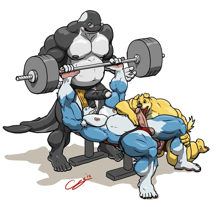 anthro balls barbell bench bench_press biceps big_muscles big_penis cetacean chestnuts_(artist) clenched_teeth clothed clothing darwen exercise exile_(road_rovers) eyewear feet floppy_ears glasses group group_sex humanoid_feet humanoid_penis hunter_(road_rovers) jockstrap kneeling licking lifting lying male mammal marine musclegut muscles muscular_male nipples on_back orca partially_retracted_foreskin pecs penis plantigrade road_rovers sex smile speedo standing straining swimsuit threesome tongue tongue_out uncut underwear weightlifting weights whale workout yaoi