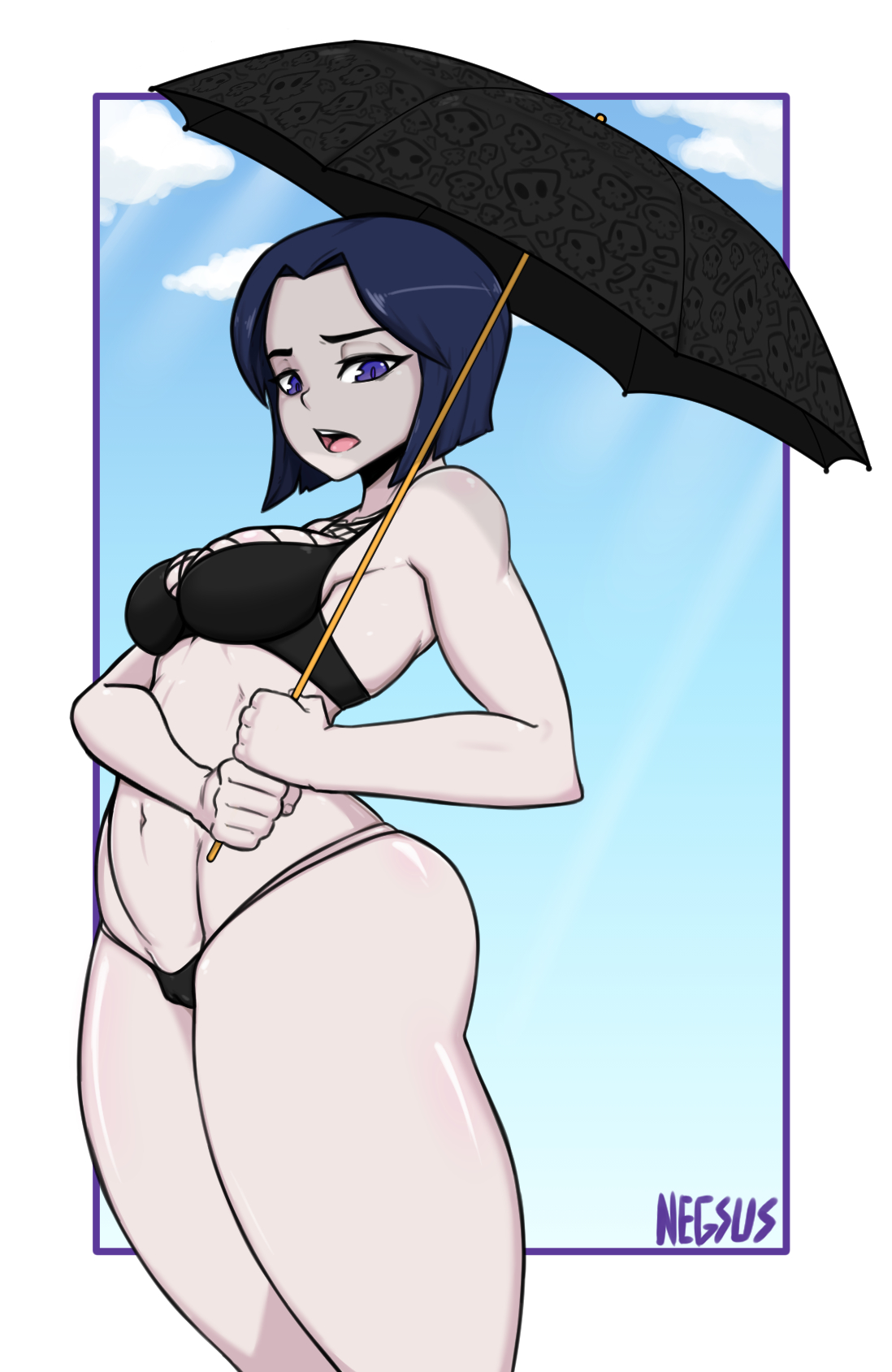 1girls, bikini, black hair, breasts, dc, dc comics, female, goth, negsus, purple eyes, rachel roth, raven (dc), solo, straight hair, swimsuit, teen titans, thick thighs, wide hips