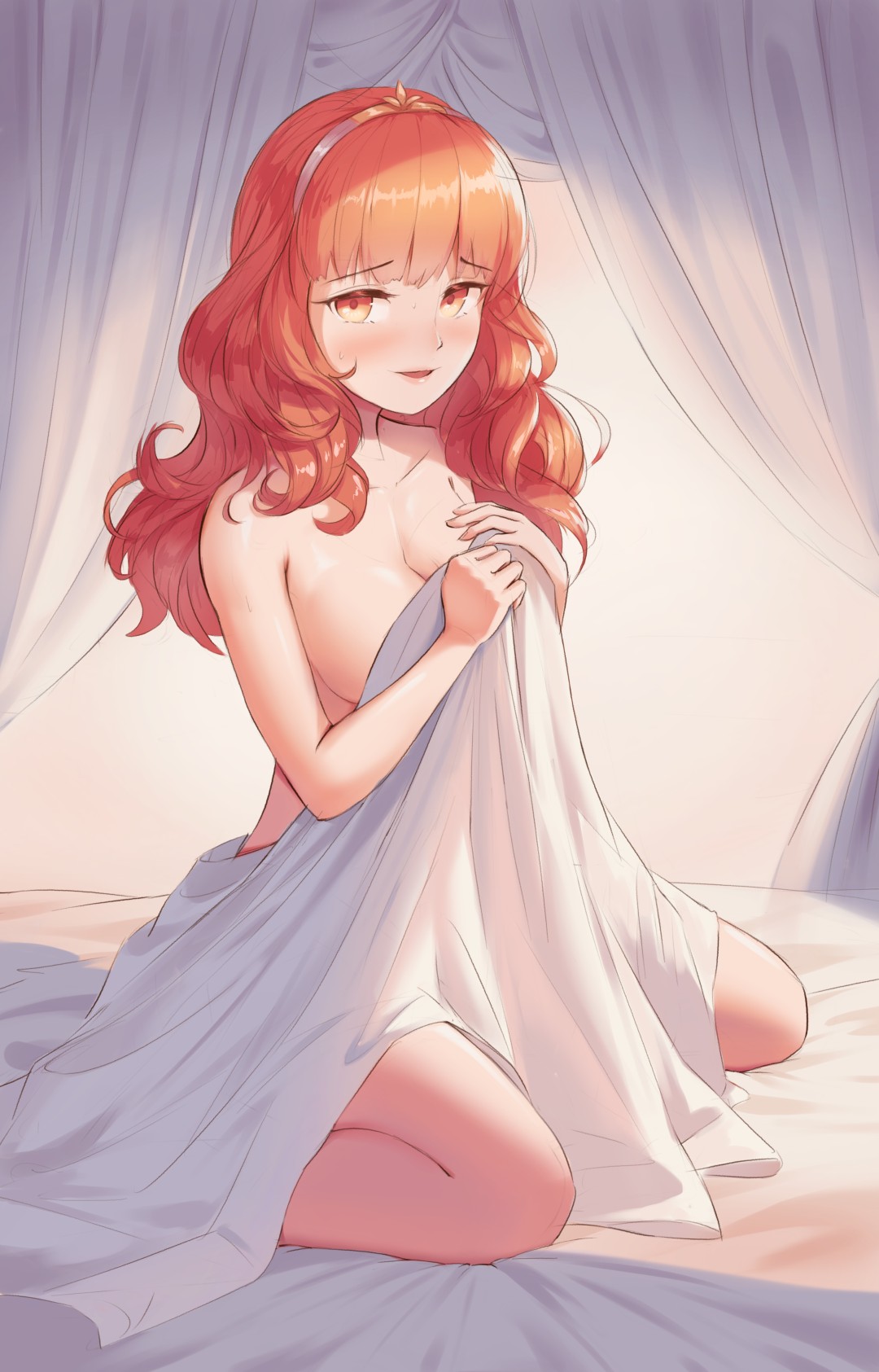 1girls awan0918 bangs bed bed_sheet blush breasts celica_(fire_emblem) commentary_request covering covering_breasts earrings female female_only fire_emblem fire_emblem_echoes:_shadows_of_valentia fire_emblem_gaiden hair_ornament hairband highres holding jewelry kneeling long_hair looking_at_viewer medium_breasts naked_sheet nintendo nude open_mouth orange_eyes orange_hair red_eyes red_hair sitting smile solo wariza