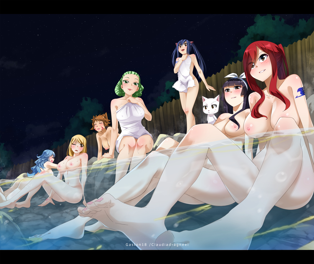 6+girls, 8girls, arana webb, arm tattoo, barefoot, black hair, black-haired female, blonde hair, blonde-haired female, blue hair, blue tattoo, blue-haired female, blush, breasts, brown hair, brown-haired female, carla (fairy tail), casual, casual nudity, cat ears, erza scarlet, fairy tail, fairy tail mark, female, female only, gaston18, green hair, green-haired female, hand tattoo, human, juvia lockser, kagura mikazuchi, large breasts, linea alba, looking at viewer, lucy heartfilia, millianna, multiple females, multiple girls, nipples, nude, onsen, open mouth, parted lips, partially submerged, partially underwater shot, pink tattoo, purple hair, purple-haired female, red hair, red-haired female, sitting, small breasts, smile, tattoo, tattoo on arm, tattoo on hand, tattooed arm, tattooed hand, underwater, water, wendy marvell