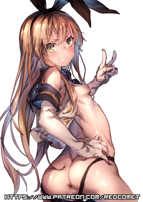 anus artist_name ass black_panties blonde_hair breasts clenched_teeth elbow_gloves eyebrows_visible_through_hair female from_behind gloves green_eyes hair_between_eyes hair_ribbon hand_on_hip kantai_collection long_hair looking_back nipples open_clothes open_shirt panties pussy redcomet revision ribbon sailor_collar shimakaze_(kantai_collection) shirt simple_background sleeveless sleeveless_shirt small_breasts solo teeth thong underwear v very_long_hair watermark web_address white_background white_gloves white_shirt