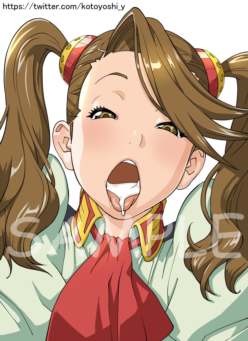 brown_eyes brown_hair cum facial female female gundam gundam_build_fighters gundam_build_fighters_try hair_ornament kotoyoshi_yumisuke long_hair looking_at_viewer open_mouth sazaki_kaoruko solo sweat twintails uniform watermark