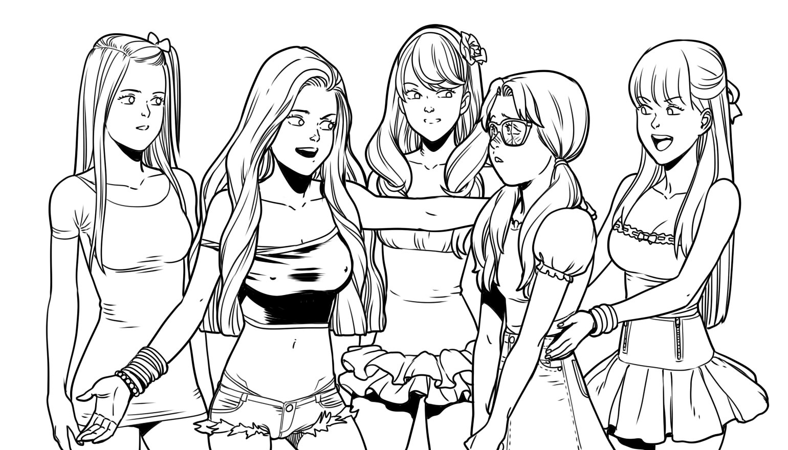 5girls, anna (tekuho), ashley (tekuho), breasts, cleavage, dress, female, glasses, hourglass figure, july (tekuho), monochrome, nerd, shorts, shy, sketch, skirt, tammy (tekuho), teenager, tekuho, whale tail
