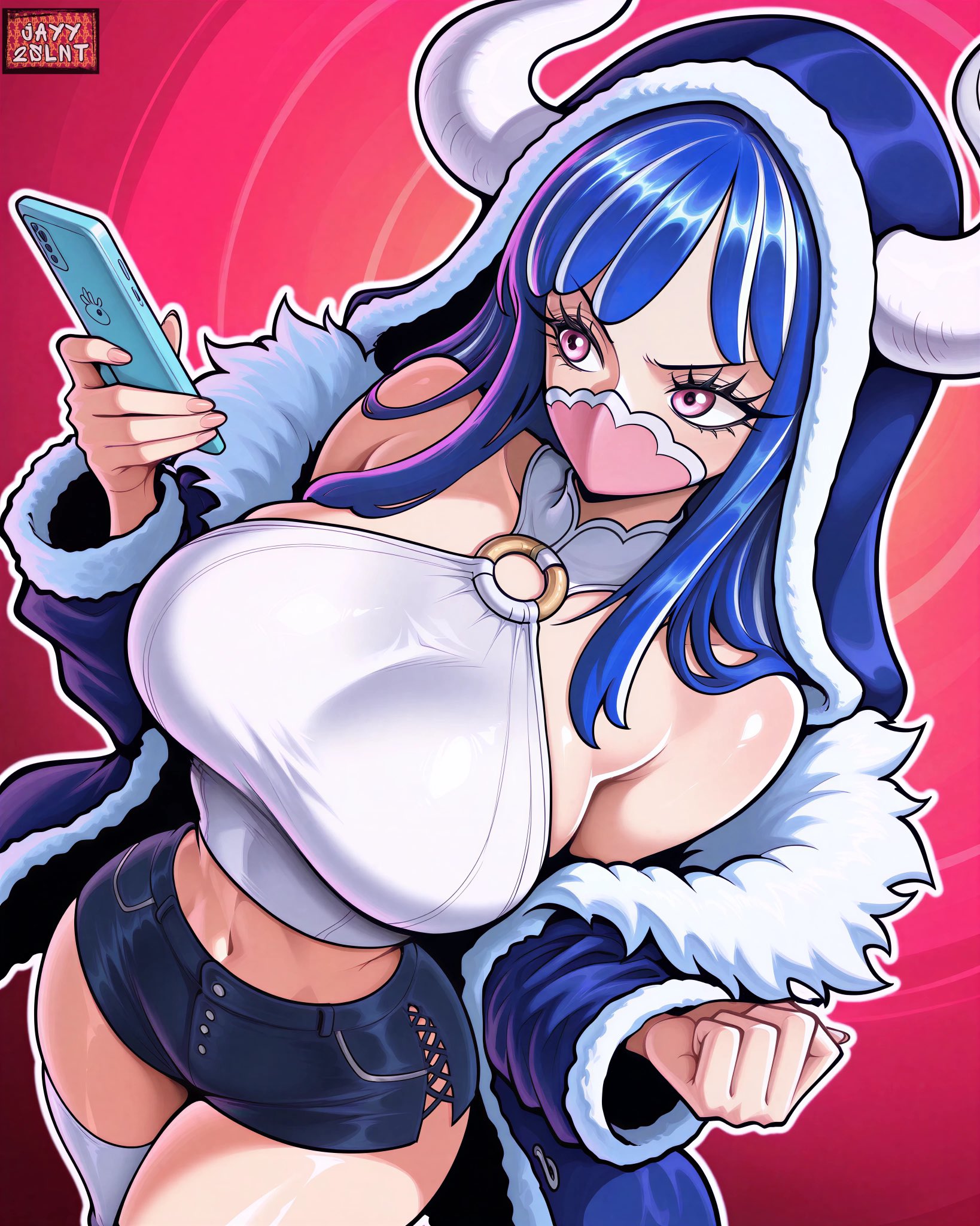 1girls, ai generated, big breasts, blue hair, blue-haired female, blush, female, female only, horns, huge breasts, jayy2slnt, large breasts, long hair, mask, massive breasts, multicolored hair, one piece, shounen jump, solo, ulti (one piece)