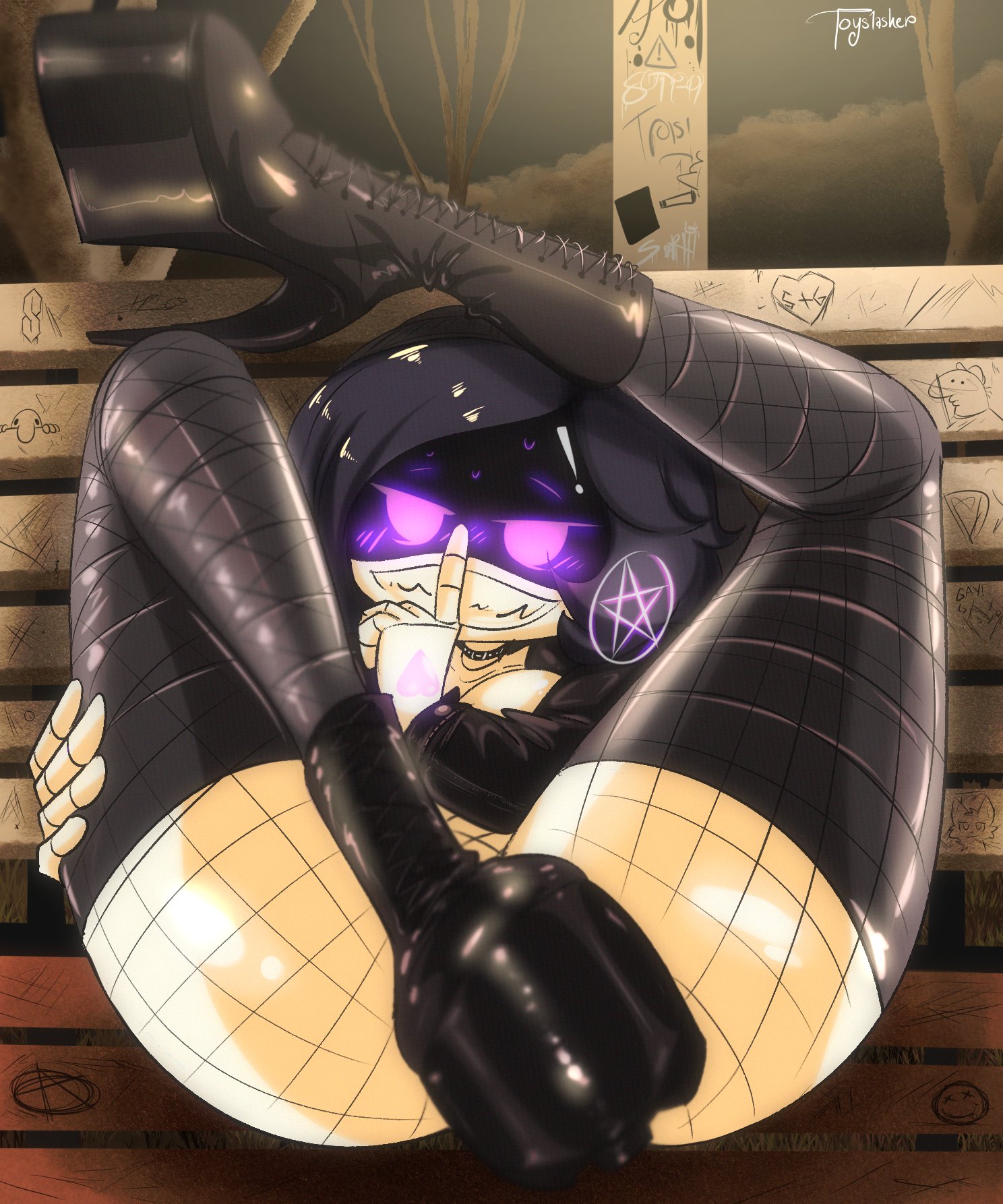 1girls, female, female focus, female only, fishnets, high heels, laying on bench, murder drones, purple eyes, purple hair, repost, sexy, smiling, solo, tagme, tagme (artist), thick thighs, thighs, toyslasher, uzi (murder drones)