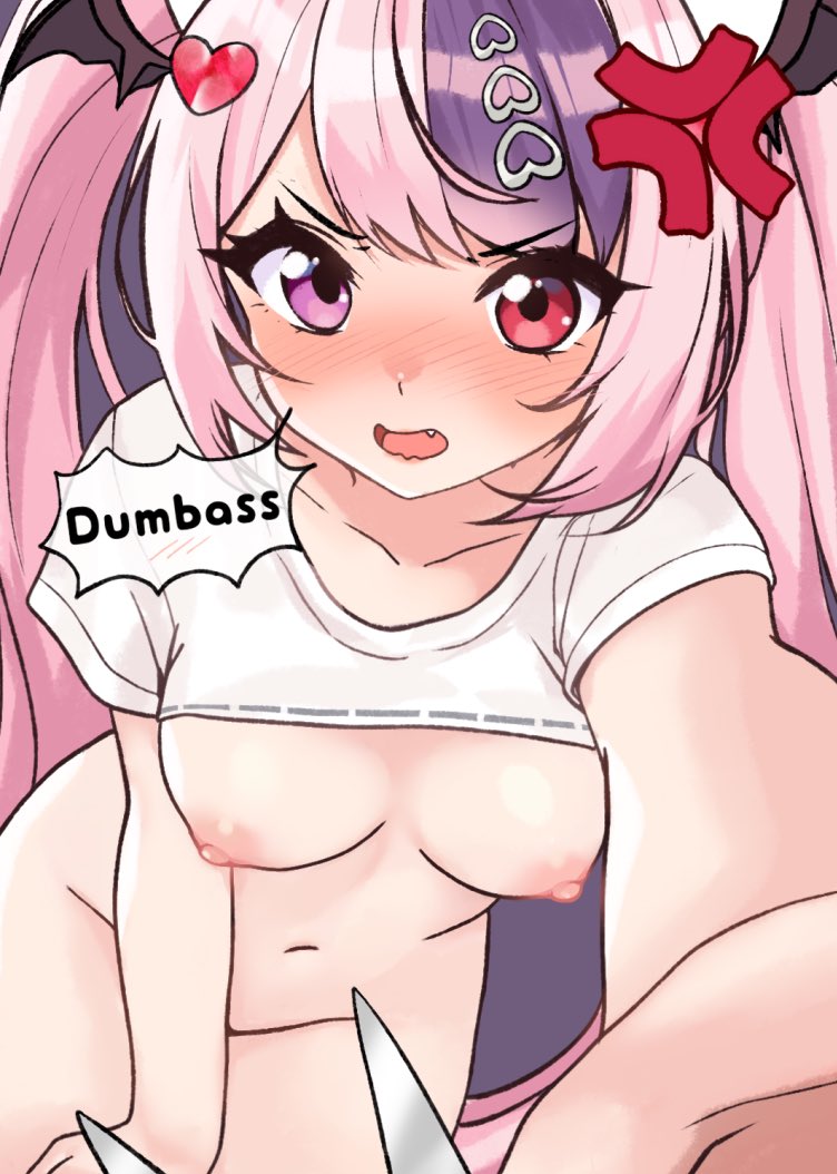 1girls, alternate breast size, alternate breast size (smaller), breasts, female, hair ornament, heart, heart hair ornament, heterochromia, hips, indie virtual youtuber, ironmouse, ironmouse (season 3), medium breasts, moshiedraws, multicolored hair, nipples, nude, open mouth, pink hair, purple eyes, purple hair, purple highlights, red eyes, scissors, shirt, t-shirt, thighs, torn clothes, torn shirt, twintails, twitter cutting game, twitter strip game, two-tone hair, virtual youtuber, vtuber, white shirt, wing hair ornament, wings