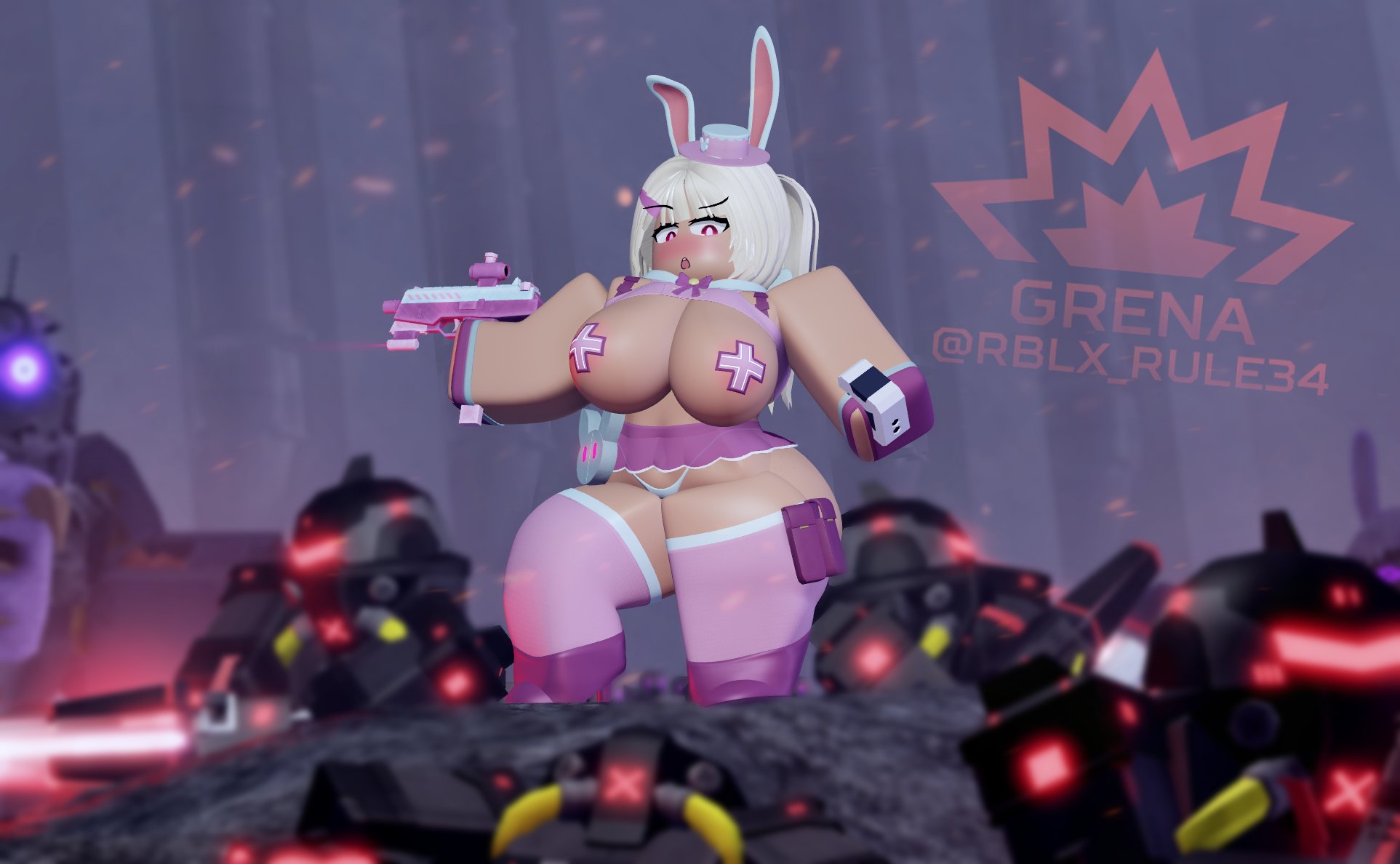 1girls, 3d, areolae, big ass, big breasts, blush, breasts, breasts out, bunny ears, bunny girl, clothing, combat medic (tdx), corrupted predator (tdx), easter combat medic (tdx), exposed breasts, female, female focus, grena, gun, hat, heel, high heels, light blonde hair, long hair, micro skirt, open mouth, outdoors, pasties, pink clothing, ponytail, predator (disambiguation) (tdx), refractor (tdx), revealing clothes, roblox, roblox game, robloxian, short skirt, skirt, standing, submachine gun, tan body, thick thighs, thighhighs, thighs, thong, tower defense x, twitter username, watermark, weapon, white panties, x pasties