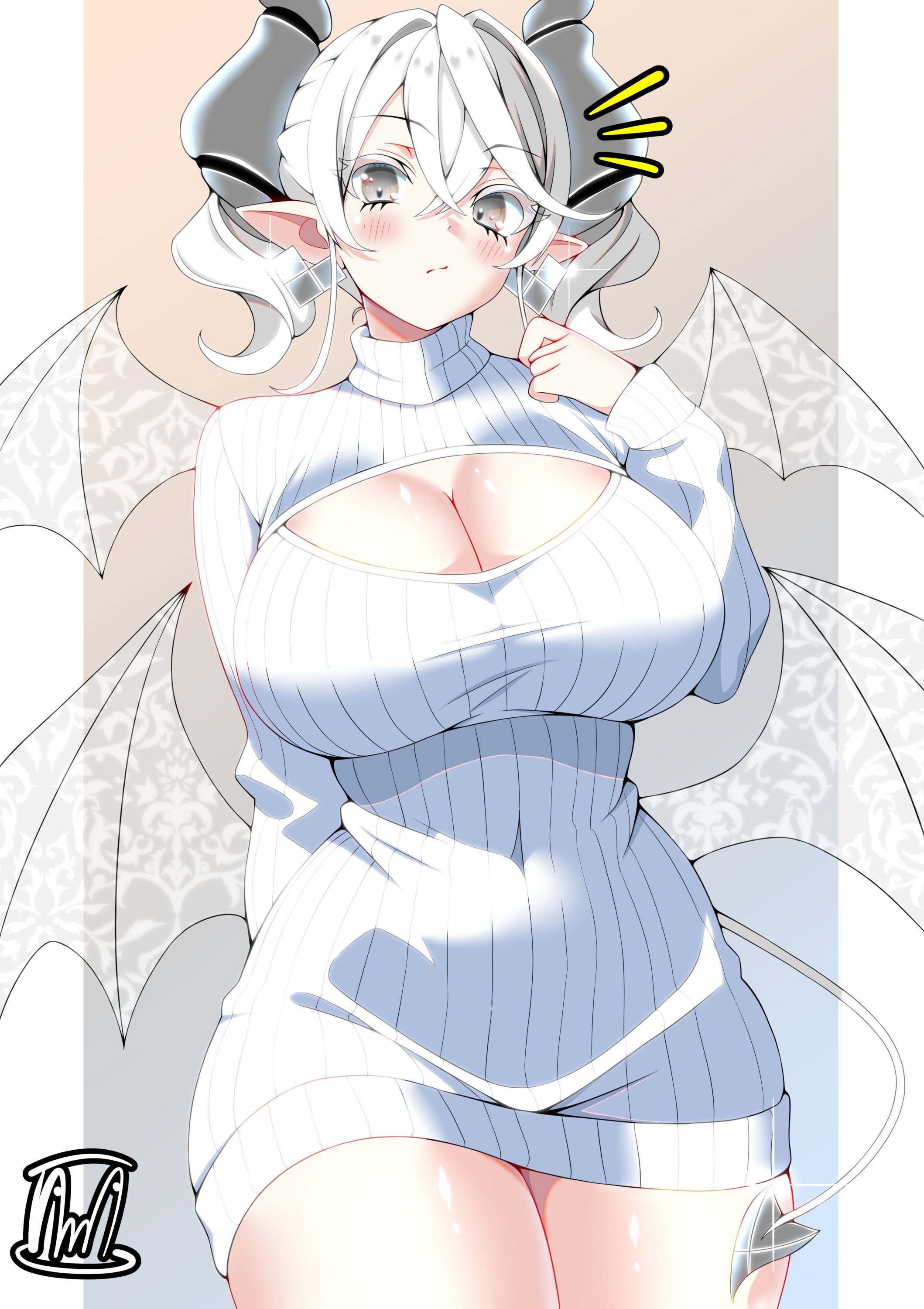 absurd res, blush, breasts, closed mouth, demon, demon girl, demon horns, demon tail, duel monster, earrings, female, female only, fringe, huge breasts, labrynth of the silver castle, large breasts, light skin, looking at viewer, lovely labrynth of the silver castle, mature female, milf, necklace, pointy ears, pose, princess, queen, safe, silver eyes, solo, standing, tail, tama amata, thighs, twin drills, twintails, virgin killer sweater, white hair, wings, yu-gi-oh!