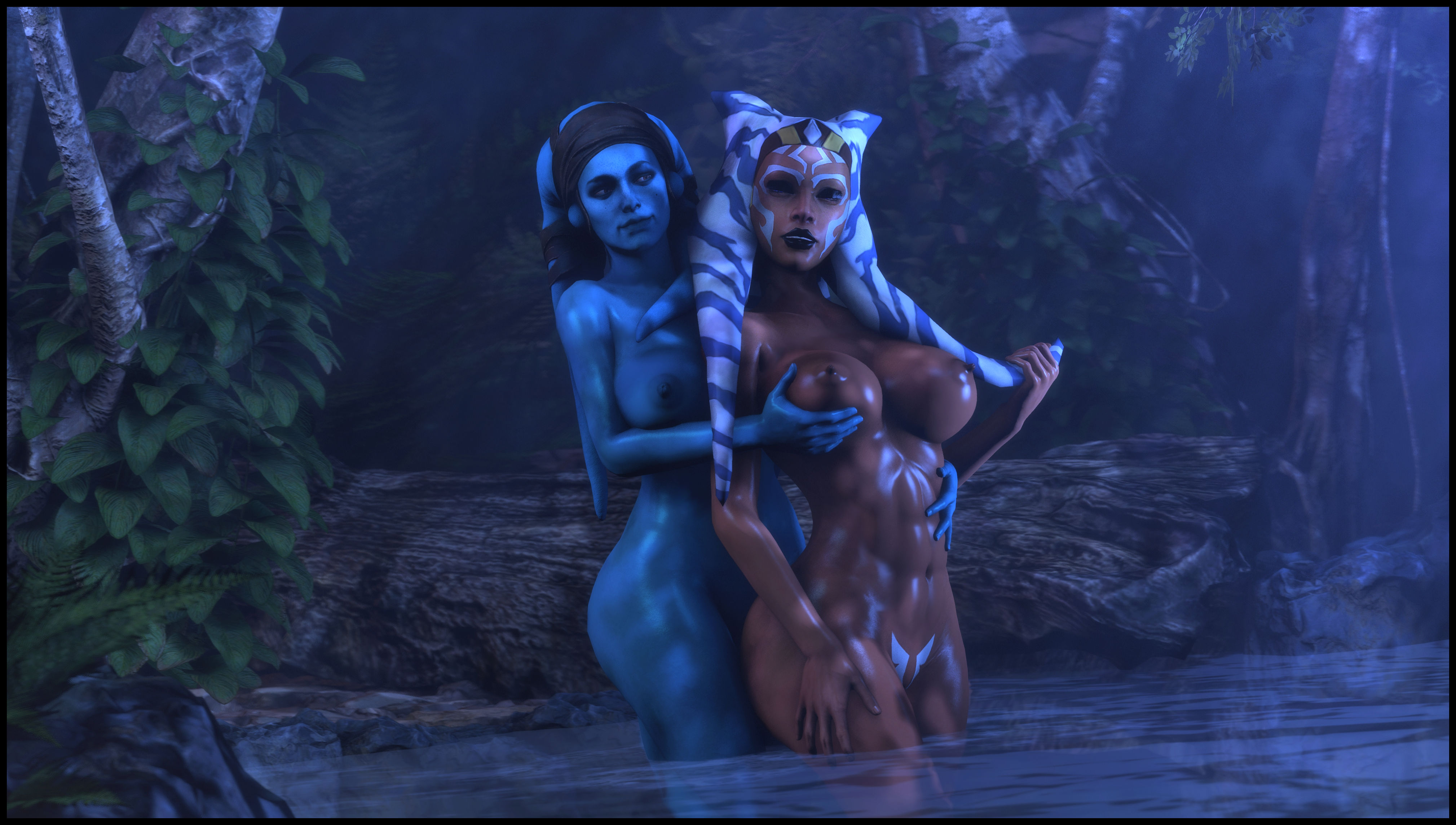 2girls, 3d, aayla secura, ahsoka tano, alien, big breasts, breast grab, breasts, casual, dark skin, female, female only, foab30, nipples, nude, nudist, star wars, togruta, yuri