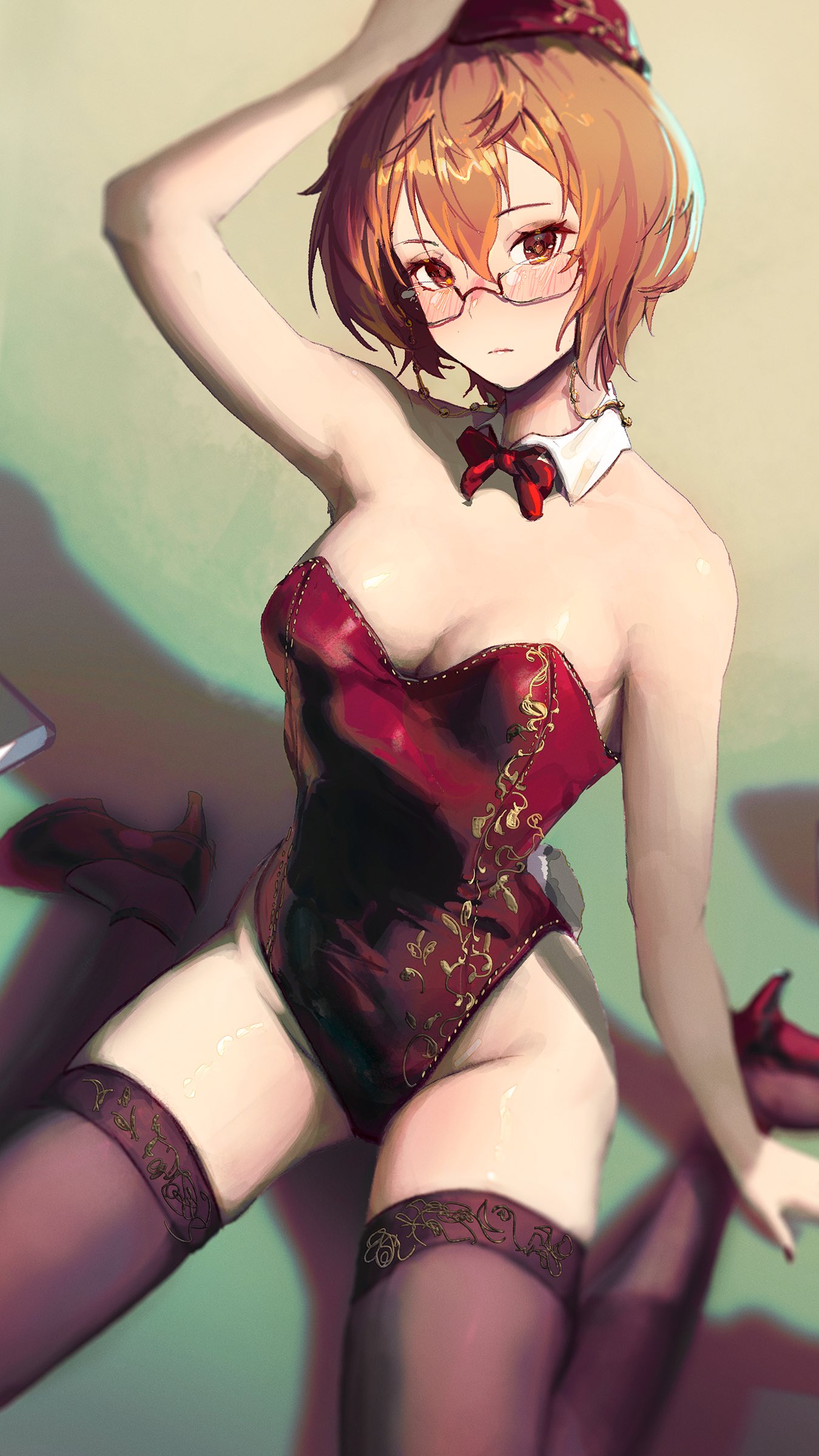 1girls, absurdres, alternate costume, arm up, bare shoulders, beanie, bow, bowtie, breasts, brown eyes, brown hair, brown thighhighs, cleavage, clio aite, closed mouth, detached collar, female, glasses, hag, hat, high heels, highres, hips, leotard, looking at viewer, mature, mature female, mn374390, phase connect, playboy bunny, pumps, red bow, red bowtie, red hat, red leotard, red shoes, shoes, short hair, sitting, small breasts, solo, strapless, strapless leotard, teacher, thick thighs, thighhighs, thighs, virtual youtuber, vtuber, wariza