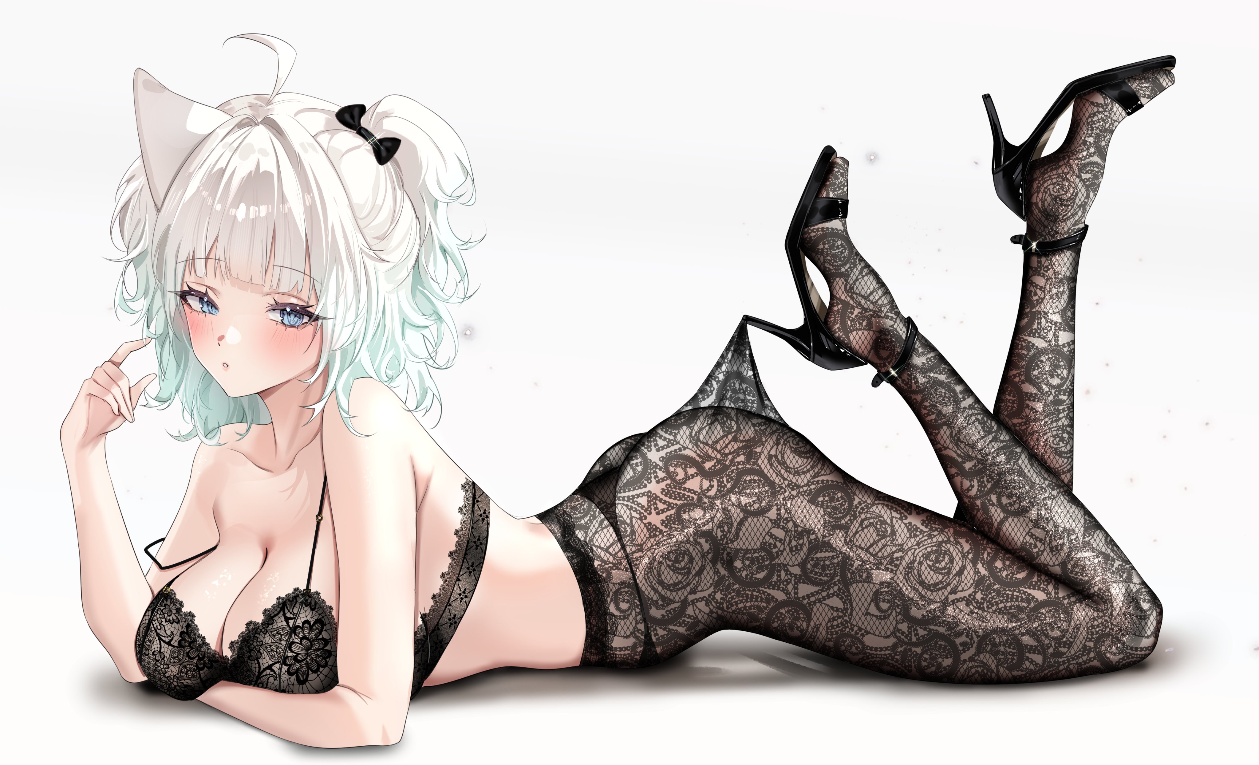 1girls, absurdres, ahoge, arched back, bare shoulders, black bra, black shoes, blue eyes, blush, bra, breasts, cleavage, collarbone, commentary, densetsu.exe, feet up, female, full body, gradient hair, green hair, hand up, hashtag-only commentary, high heels, high-waist pantyhose, highres, hooked on heel, indie virtual youtuber, lace, lace pantyhose, lace pantyhose hooked on heel (meme), lace trim, lace-trimmed bra, large breasts, legs up, lying, medium hair, meme, mint fantome, miuq chan, multicolored hair, on stomach, pantyhose, pantyhose tug, parted lips, shoes, simple background, solo, stiletto heels, strap slip, strappy heels, the pose, triangular headpiece, underwear, virtual youtuber, vtuber, white background, white hair