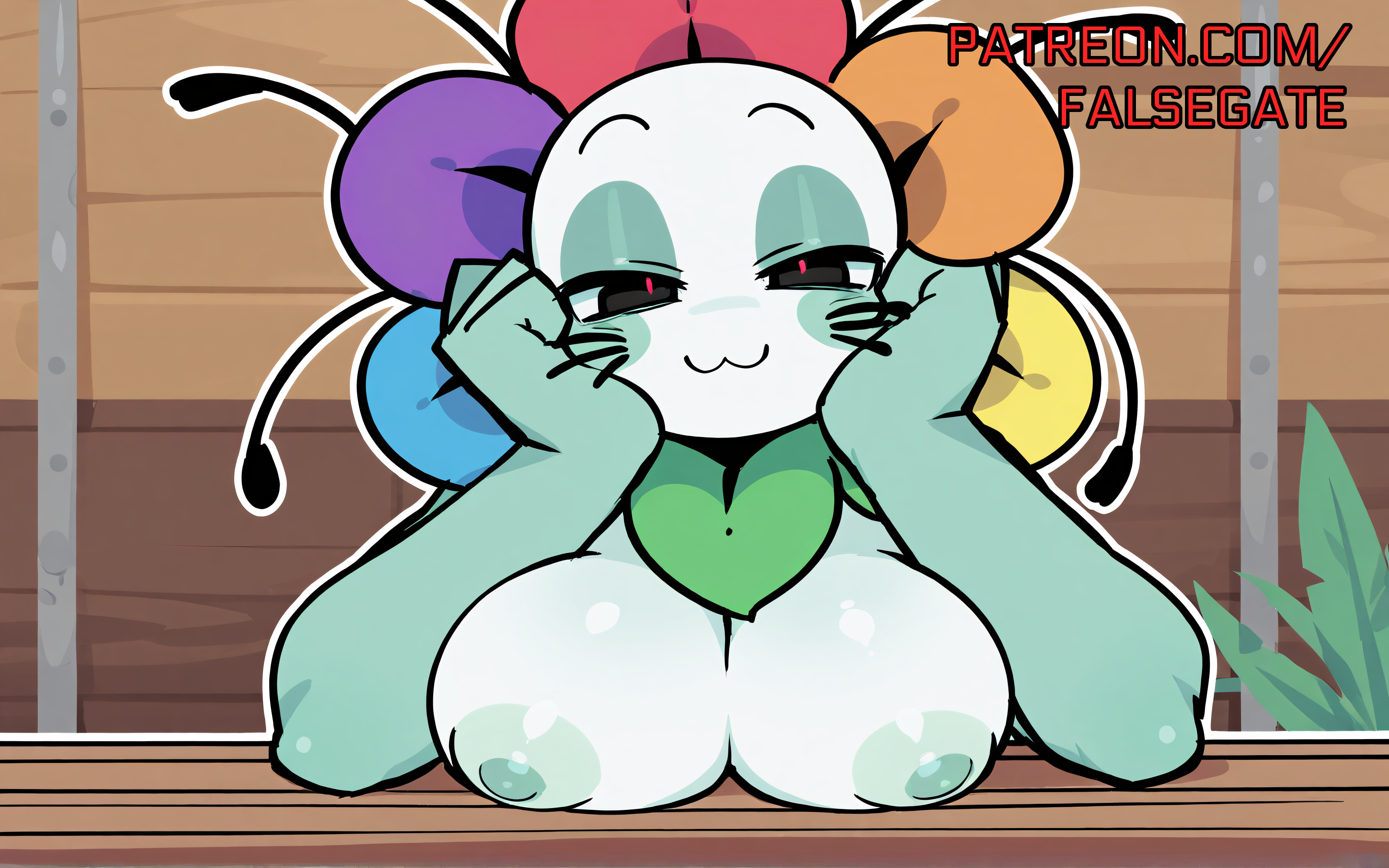 1girls, absurd res, ai generated, anthro, areolae, black eyes, breasts on table, colored skin, dandy (dandy's world), dandy's world, dandys world, eyeshadow, falsegate, flower, flower head, genderswap (mtf), green nipples, green skin, head in hande, highres, humanoid, large breasts, leaning on table, looking at viewer, multicolored skin, narrowed eyes, nipples, non-human, on table, paid reward available, patreon, patreon username, petals, pupils, red pupils, roblox, rule 63, self upload, smile, smirk, smug, stable diffusion, table, uncensored, whiskers, white skin, wood table, wooden table