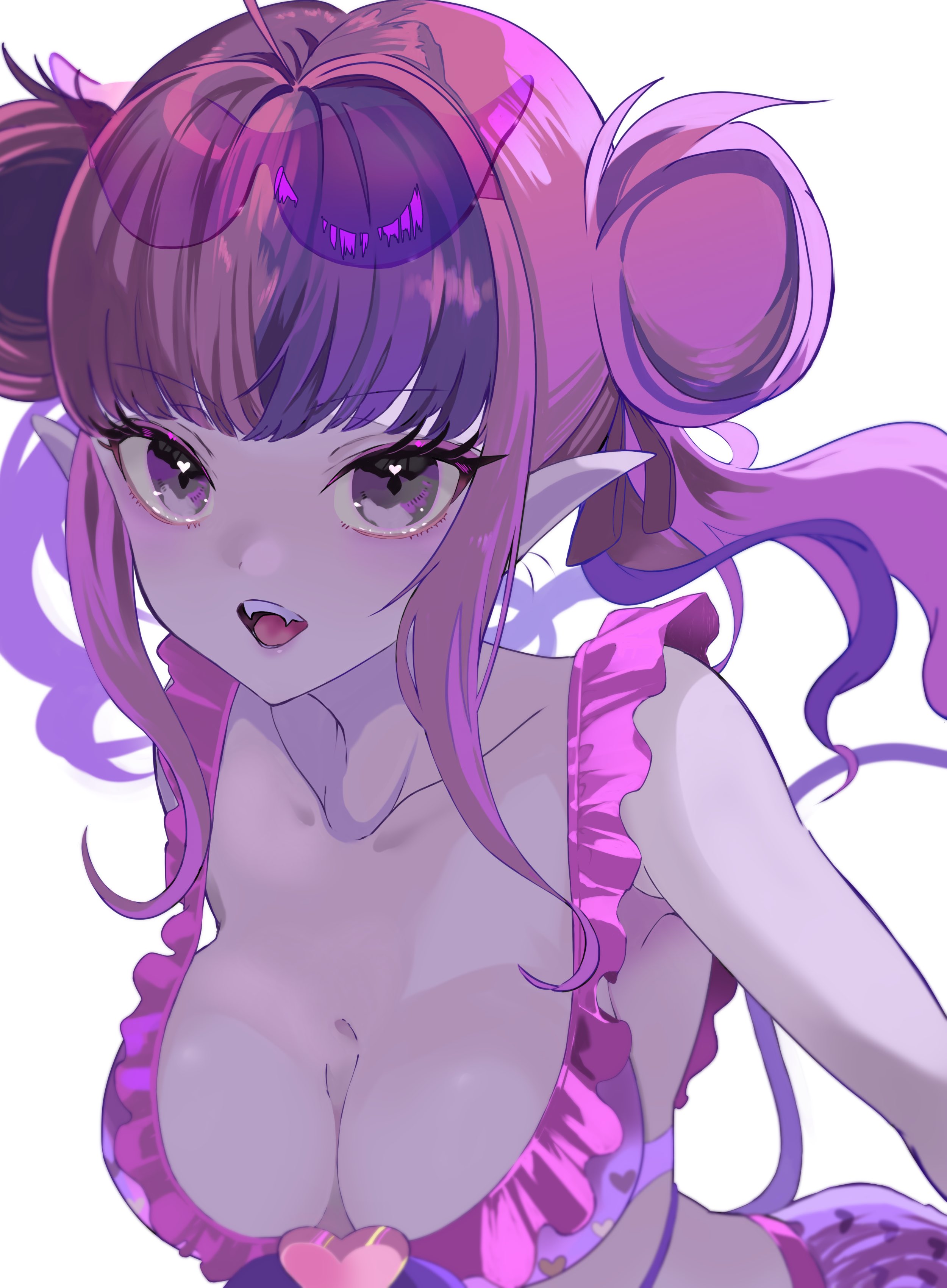 1girls, absurdres, alternate costume, big breasts, bikini, breasts, cleavage, collarbone, commentary, double bun, english commentary, eyelashes, female, grey eyes, hair bun, heart, heart in eye, highres, indie virtual youtuber, ironmouse, long hair, may nakasaki, pink hair, pointy ears, purple hair, solo, symbol in eye, teeth, upper teeth only, virtual youtuber, vtuber, white background