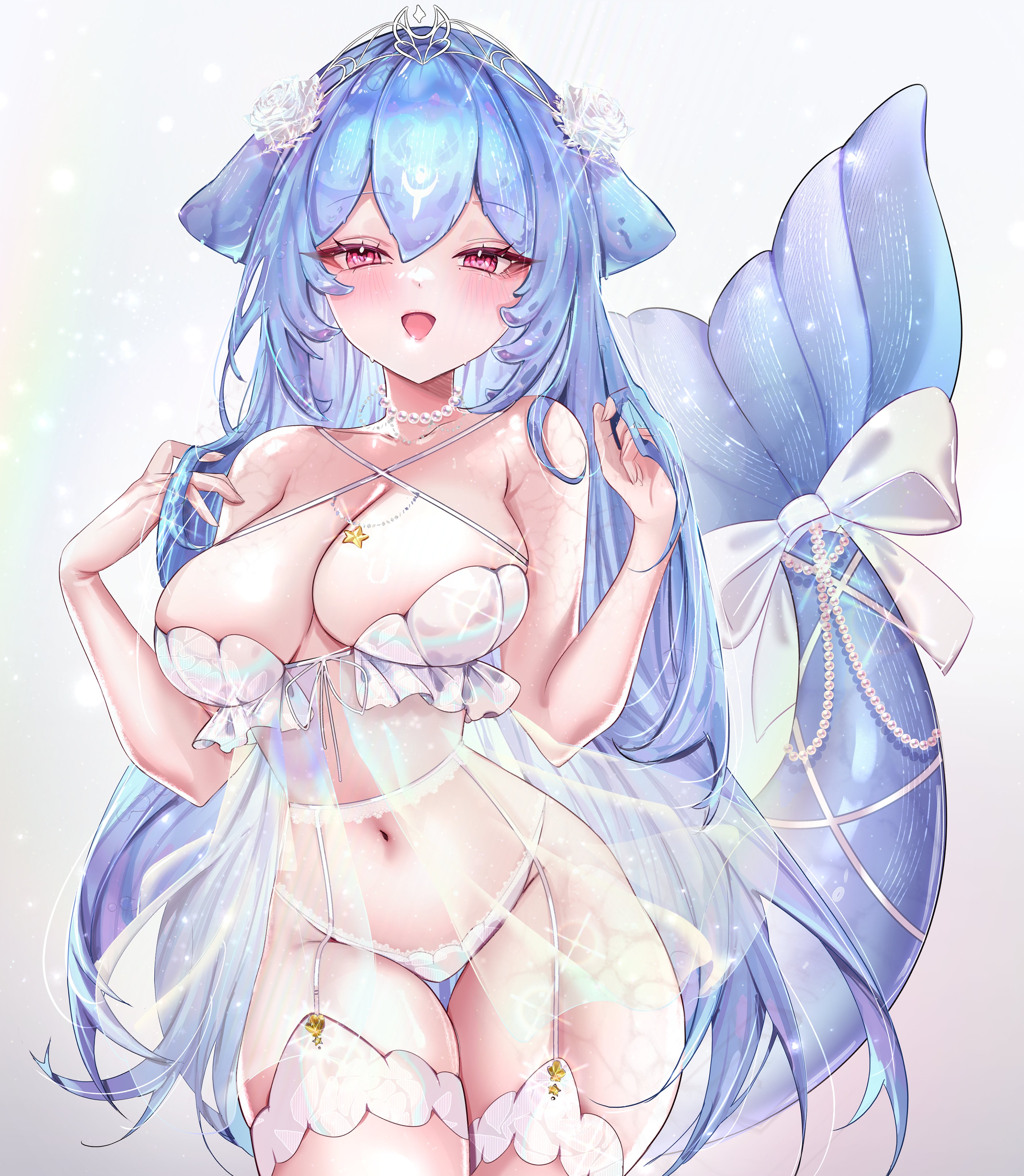 1girls, absurdres, bao (vtuber), bare hips, big breasts, blue hair, blush, bow, breasts, breedable hips, cetacean tail, child bearing hips, cleavage, curvy, female, fins, fish tail, flower, garter straps, highres, hips, indie virtual youtuber, jewelry, large breasts, lingerie, long hair, looking at viewer, miuq chan, navel, necklace, open mouth, pearl choker, pearl necklace, red eyes, rose, see-through clothes, solo, tail, tail bow, tail ornament, thick thighs, thighhighs, thighs, underwear, very long hair, virtual youtuber, vtuber, whale girl, white background, white flower, white rose, wide hips
