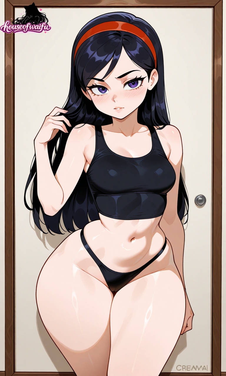 ai art, ai generated, ai-created, black hair, female, female only, houseofwaifu, long hair, looking at viewer, panties, pixar, slim waist, straight hair, tank top, the incredibles, thick legs, tiny breasts, tiny waist, violet parr