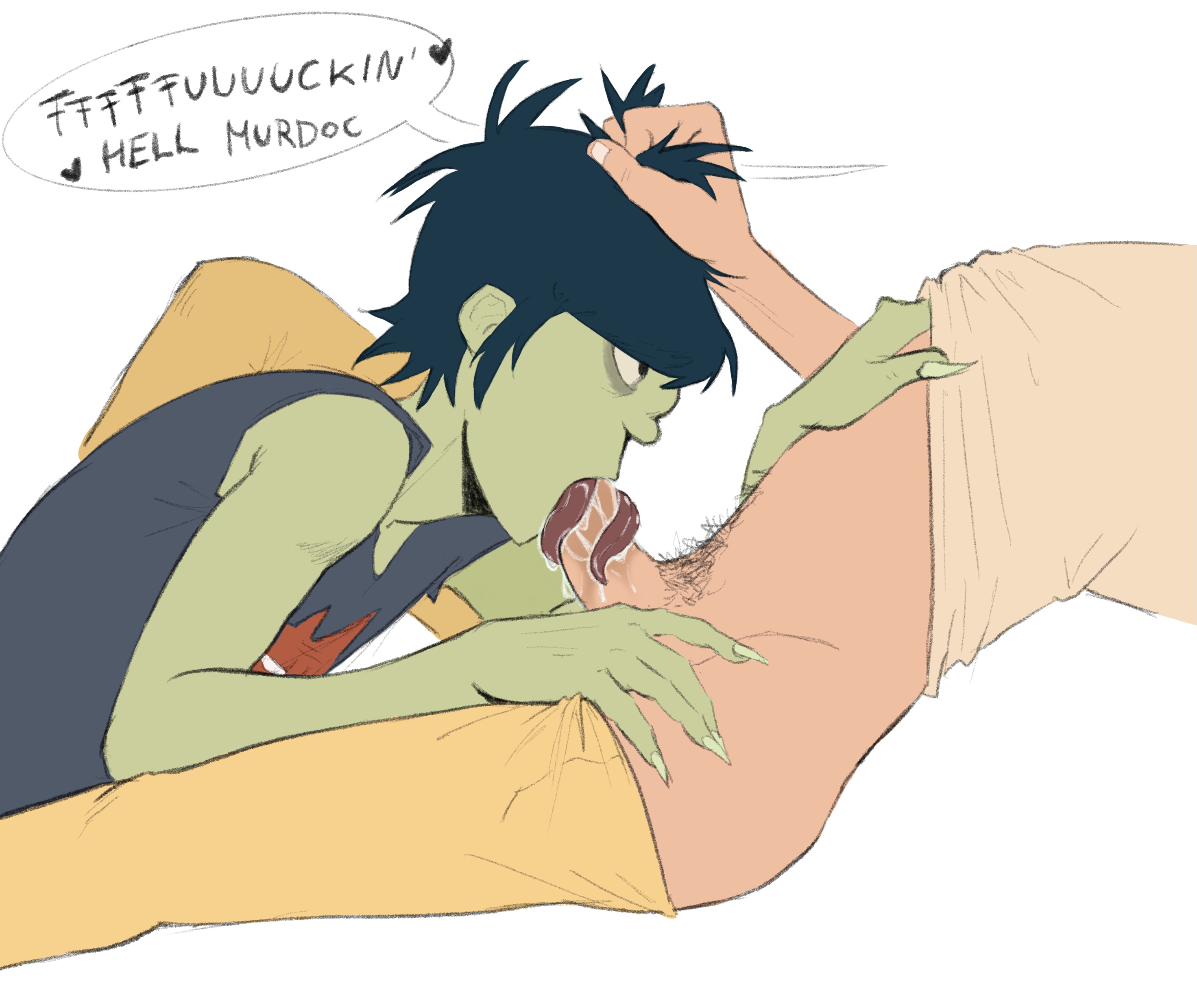 2d (gorillaz), 2d (the mountain), black hair, blowjob, blowjob only, gay, gay blowjob, gay sex, gorillaz, grabbing hair, green skin, green skinned male, head grab, light skin, light-skinned male, long tongue, male, male focus, male only, male/male, mefjeff, murdoc niccals, murdoc niccals (the mountain), nonbinary, nonbinary (lore), sucking penis, the mountain the moon cave and the sad god
