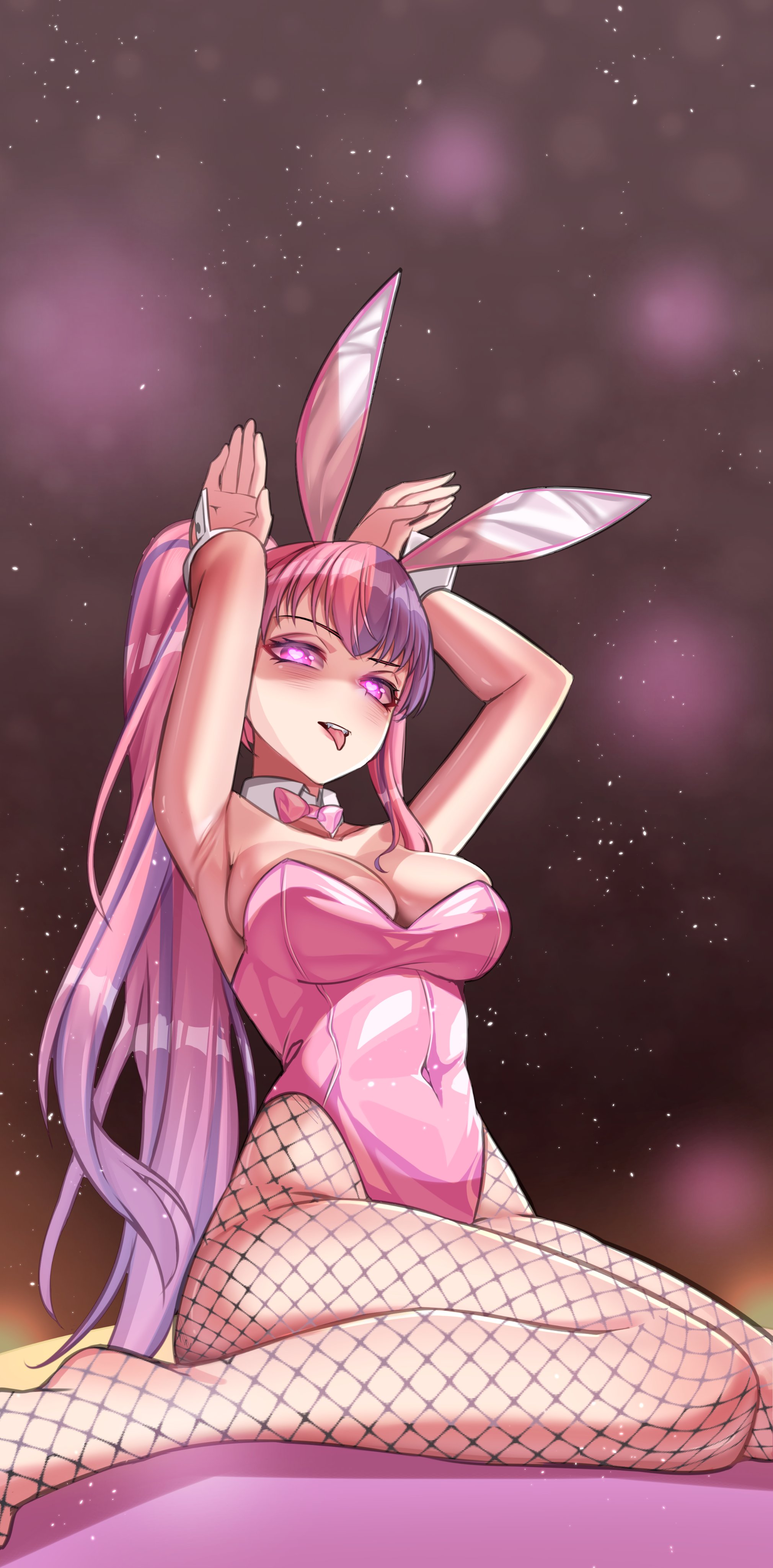 1girls, absurdres, animal ears, armpits, bare hips, bow, breasts, breedable hips, bunny ears, bunnysuit, cleavage, detached collar, female, fishnets, heart, heart-shaped pupils, highres, hips, indie virtual youtuber, ironmouse, kurotsuki arts, latina, legs, leotard, long hair, looking at viewer, medium breasts, multicolored hair, pink bow, pink hair, pink leotard, playboy bunny, purple hair, rabbit ears, rabbit pose, sitting, solo, symbol-shaped pupils, thighs, tongue, tongue out, twintails, two-tone hair, virtual youtuber, vtuber, wrist cuffs