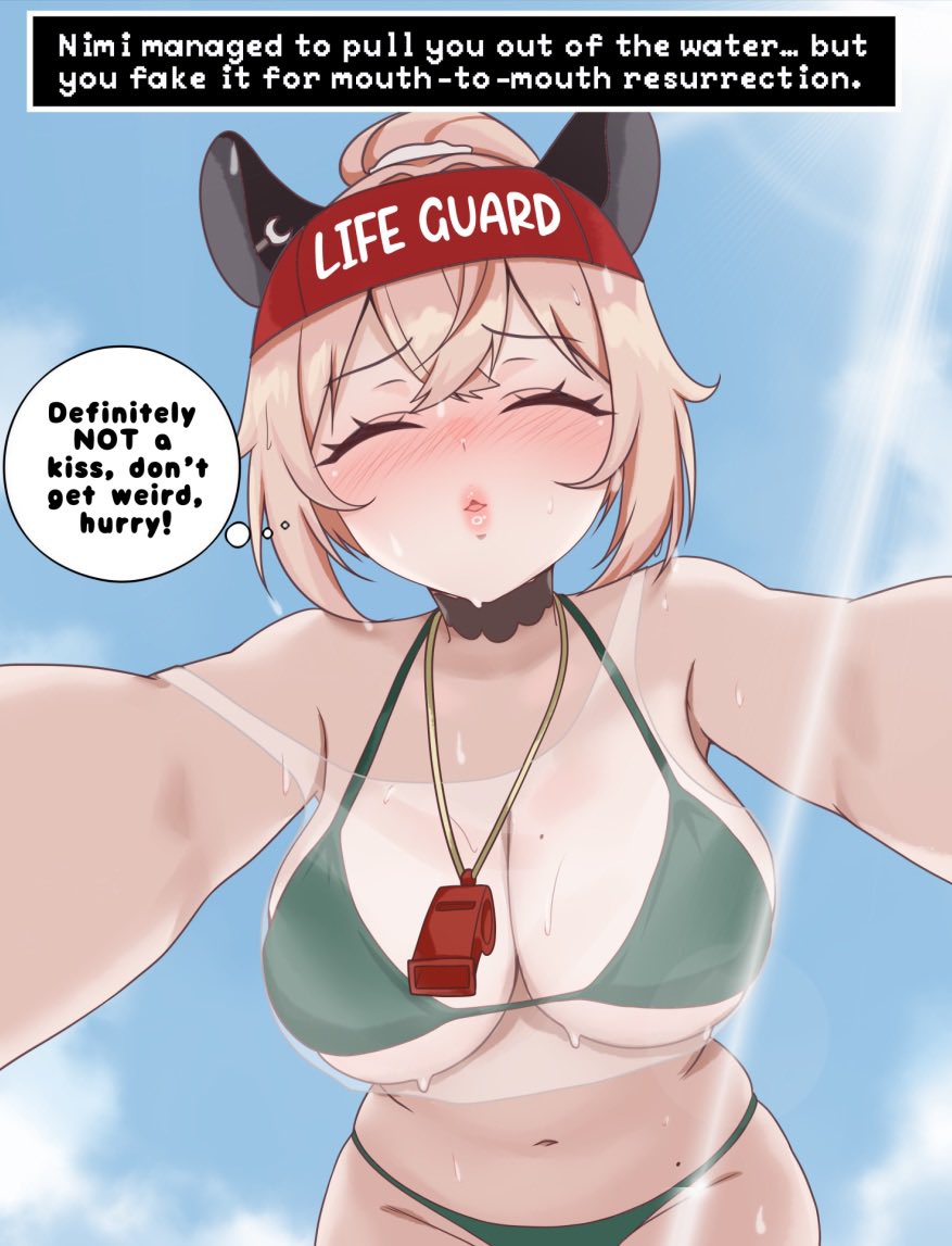 1girls, animal ears, big breasts, bikini, blush, breasts, brown hair, choker, cleavage, closed eyes, commentary, cropped shirt, english commentary, english text, female, green bikini, headband, high ponytail, hips, incoming kiss, indie virtual youtuber, lanyard, large breasts, lifeguard, moshiedraws, navel, nimi nightmare, nimi nightmare (lifeguard), ponytail, see-through clothes, see-through shirt, shirt, solo, speech bubble, stomach, swimsuit, tapir ears, tapir girl, virtual youtuber, vtuber, wet, whistle, whistle around neck, white shirt