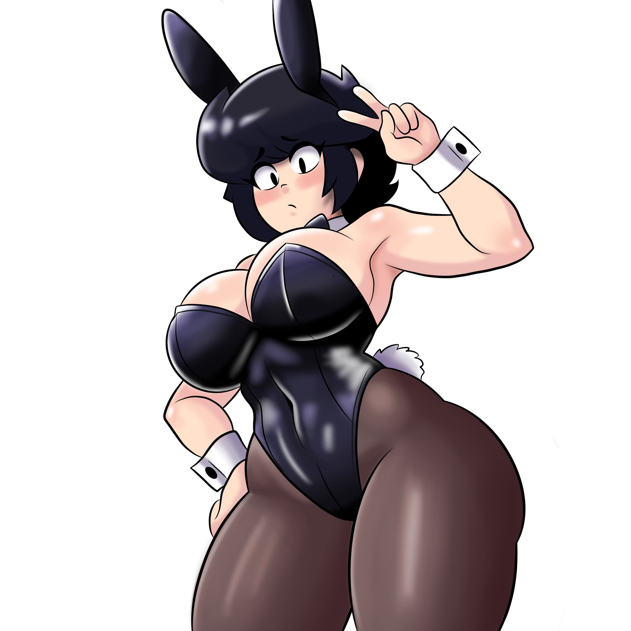 1girls, artstyle imitation, bibi (brawl stars), big breasts, black hair, black leotard, blush, bowtie, bowtie collar, brawl stars, bunny ears, bunny tail, bunnysuit, collar, fake animal ears, fake rabbit ears, fake tail, female, female only, hand on hip, pantyhose, peace sign, pokemon172327, simple background, strapless leotard, thick thighs, thin waist, white background, wrist cuffs