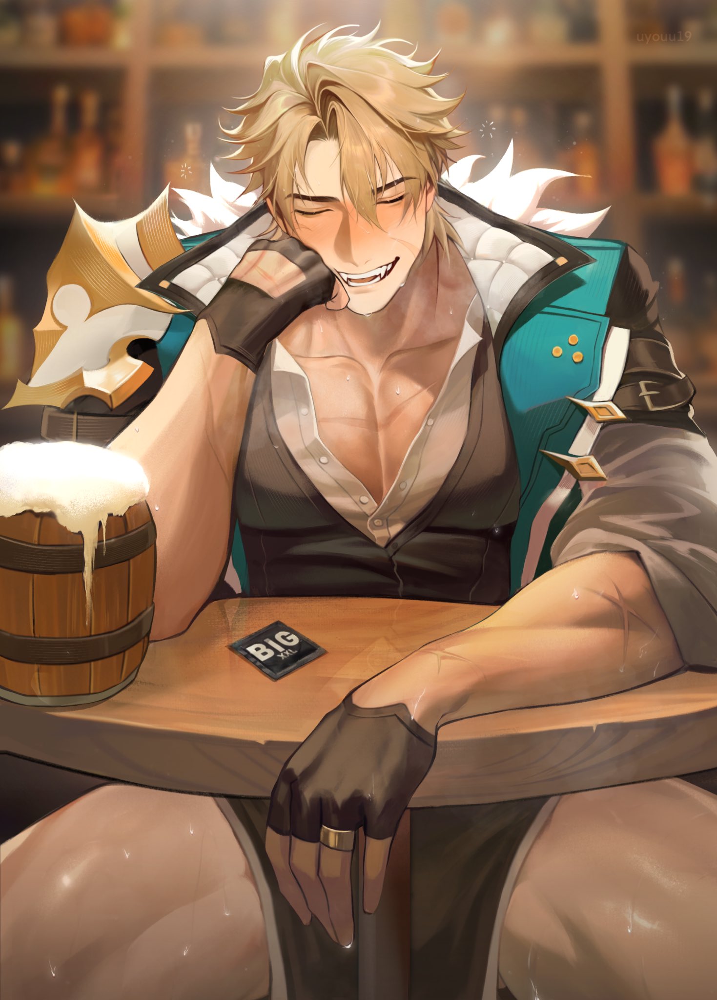 bara, beer, beer mug, blonde hair, condom, condom wrapper, dress shirt, flushed, genshin impact, male, male only, muscular male, no pants, open dress shirt, poker, scars on body, shoulder pads, strip poker, tabletop, thick thighs, undressing, uyouu19, varka (genshin impact)