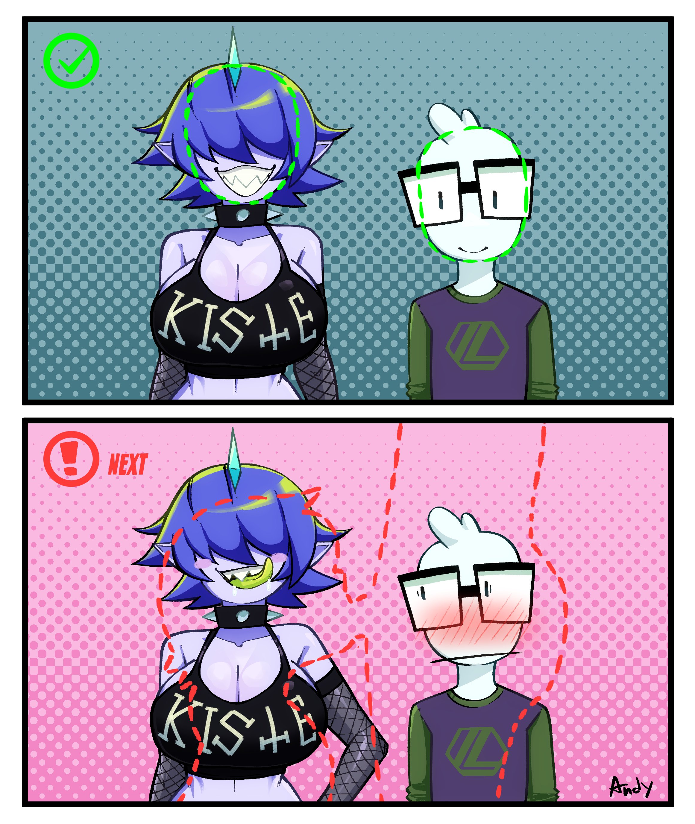 1boy, 1girls, 2koma, andychull, bangs over eyes, big breasts, biometric verification, blue hair, blush, blush lines, blushing male, bra, cleavage, color, english text, facial verification, female, glasses, green hair, green tongue, hair covering eyes, hair over eyes, imminent oral, imminent sex, lewd security verification, licking lips, looking at partner, meme, nerd (andychull), original, original character, pointy ears, sharp teeth, sidahna, smile, text, twitter link, verification