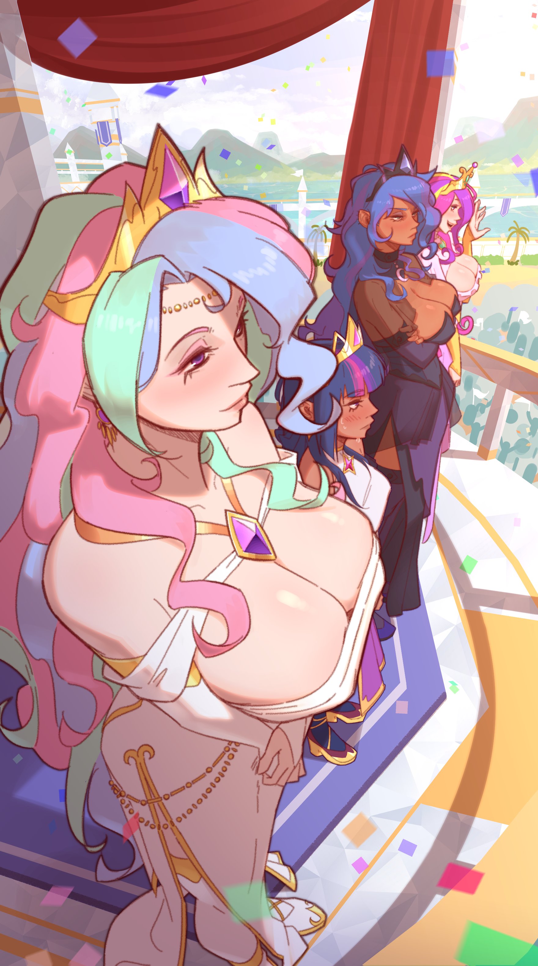 4girls, big breasts, cleavage, friendship is magic, guyser3, human only, large breasts, mlp g4, multicolored hair, my little pony, my little pony friendship is magic, princess cadence, princess celestia (mlp), princess luna (mlp), tagme, twilight sparkle (mlp)
