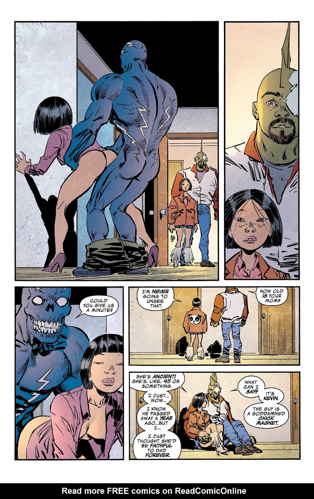 2boys, 2girls, ass, black hair, blue body, blue skin, blue-skinned male, bottomless, bottomless female, breasts, bubble ass, bubble butt, butt, chick magnet, clothed, clothed female, clothed female nude male, clothed male, comic, comic page, daughter and mother, doggy style, doggystyle, erik larsen, female, gilf, green skin, green-skinned male, image comics, kevin gorelick-thunder-head, lucky bastard, malcolm eugene jackson-dragon, male, maxine jung lai, mei ling lai, milf, mother and daughter, mother in law, mutant, naked, naked male, nipples, nude, nude male, official art, older female, older female and younger male, open shirt, pants down, savage dragon, sex, short hair, skull face, ugly bastard, walked in on