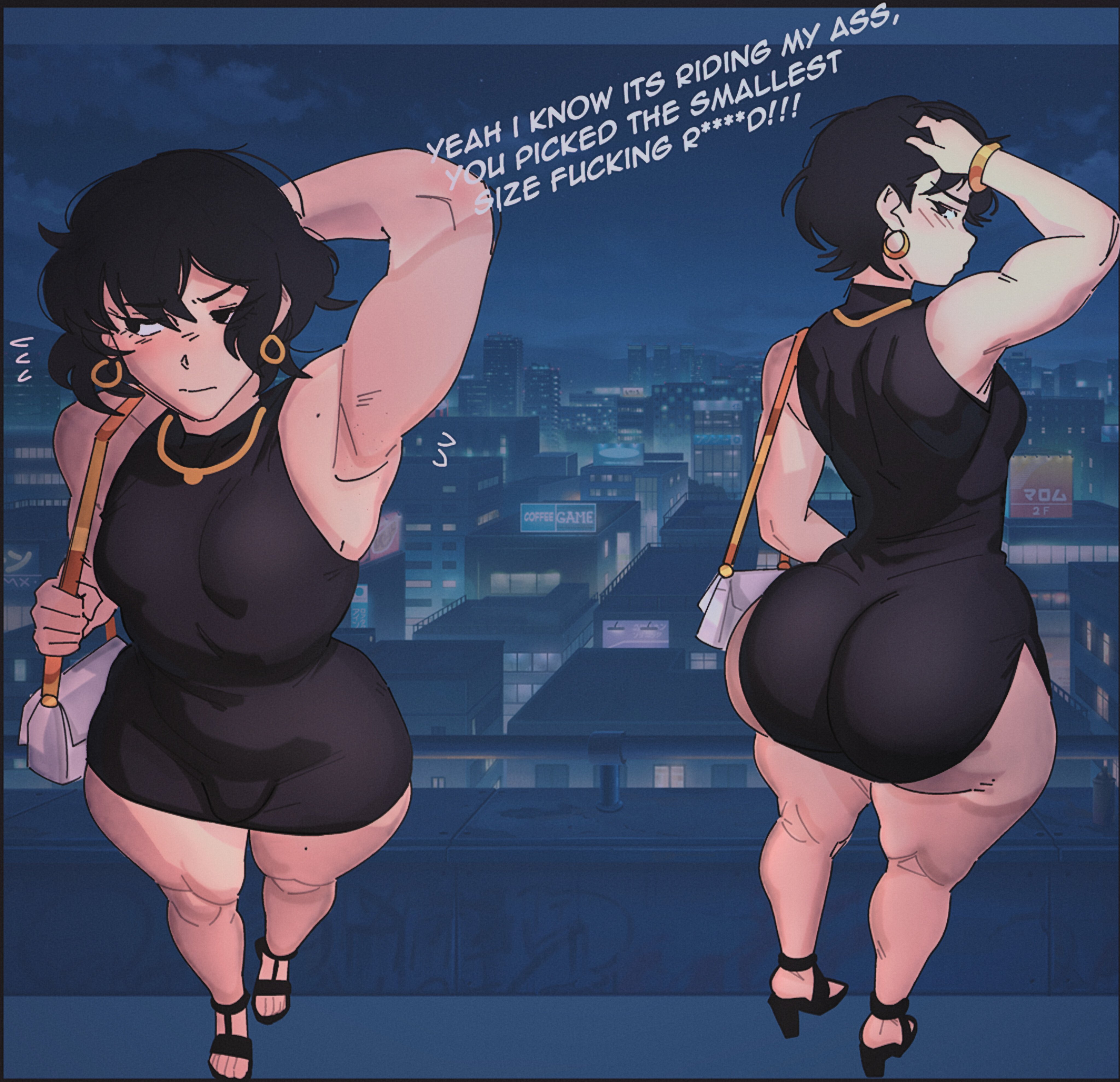 1boy, 2026, 2d, armpit, ass, black dress, black hair, blush, bulge, city, curvy, curvy male, date, dating, dress, earrings, femboy, full body, gold earrings, hand behind head, hand behind own head, handbag, high heels, hoop earrings, huge ass, insult, insulting viewer, johnv, legs, tagme, thick thighs