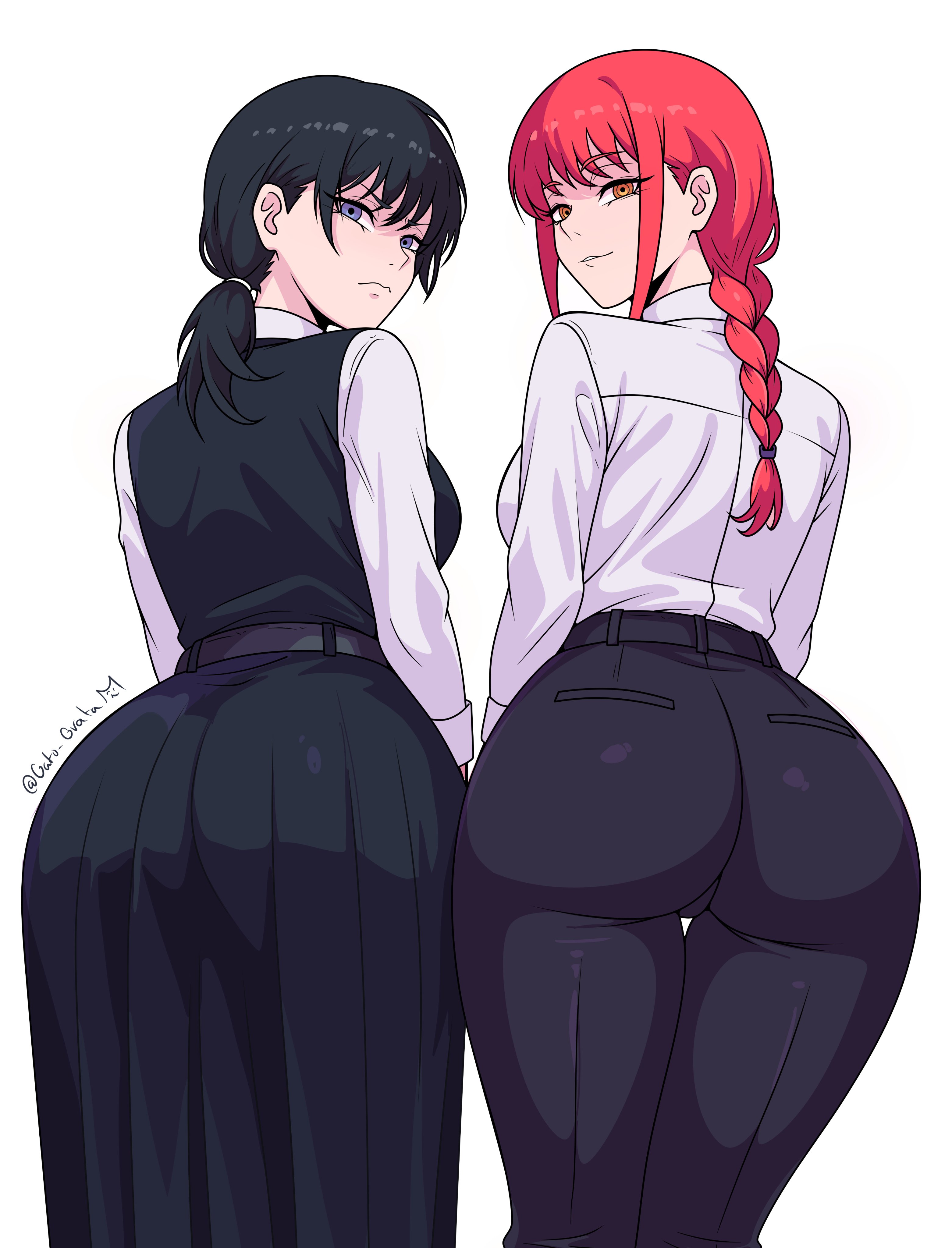 2girls, annoyed, annoyed expression, ass, ass comparison, ass focus, ass in dress, back, back view, backboob, big ass, black hair, black pants, black skirt, blue eyes, bottomwear, braid, braided hair, breasts, chainsaw man, clothing, female, female only, fourth east high school uniform, gato gratam, hair, huge ass, long skirt, looking back, makima (chainsaw man), mitaka asa, pants, ponytail, red hair, school uniform, schoolgirl, schoolgirl uniform, skirt, smile, take your pick, tied hair, topwear, white background, white shirt, yellow eyes