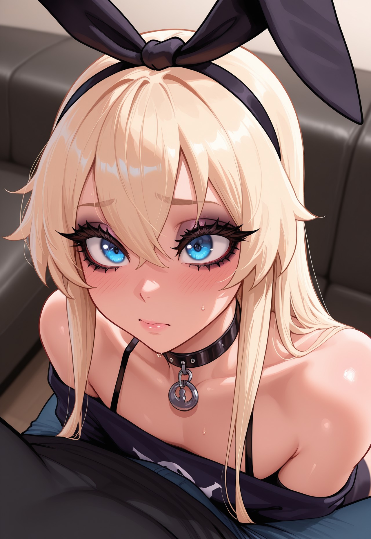 ai generated, blue eyes, blush, bunny ears, bustybunz, choker, femboy, goth, imminent oral, lipstick, makeup, nervous, shimakaze-kun, tagme, thick eyelashes