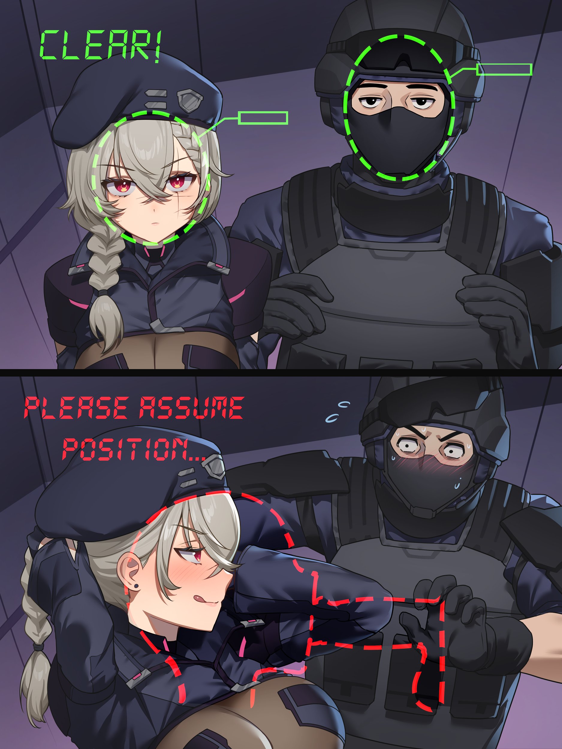 1boy, 1girls, 2koma, big breasts, biometric verification, blush, blushing male, color, dominant female, english text, facial verification, femdom, grey hair, hetero, horny, horny female, imminent fellatio, imminent oral, imminent sex, large breasts, lewd security verification, licking, licking lips, male, malesub, meme, military uniform, mk (lazymk), nisemonomk, red eyes, saruei, saruei (vtuber), straight, submissive male, text, twitter link, tying hair, verification, virtual youtuber, vtuber, white hair